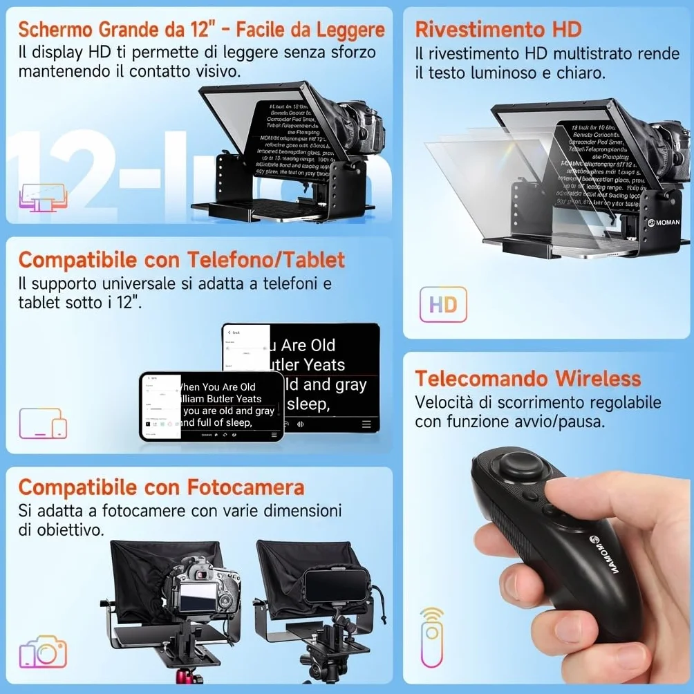 Moman MT12 Teleprompter 12.9 Pollici, Prompter Portatile con Telecomando APP e Controllo Remoto, Compatibile con iPad, iPhone, Tablet, Smartphone, Fotocamera DSLR (Supporto Metallico Regolabile)
