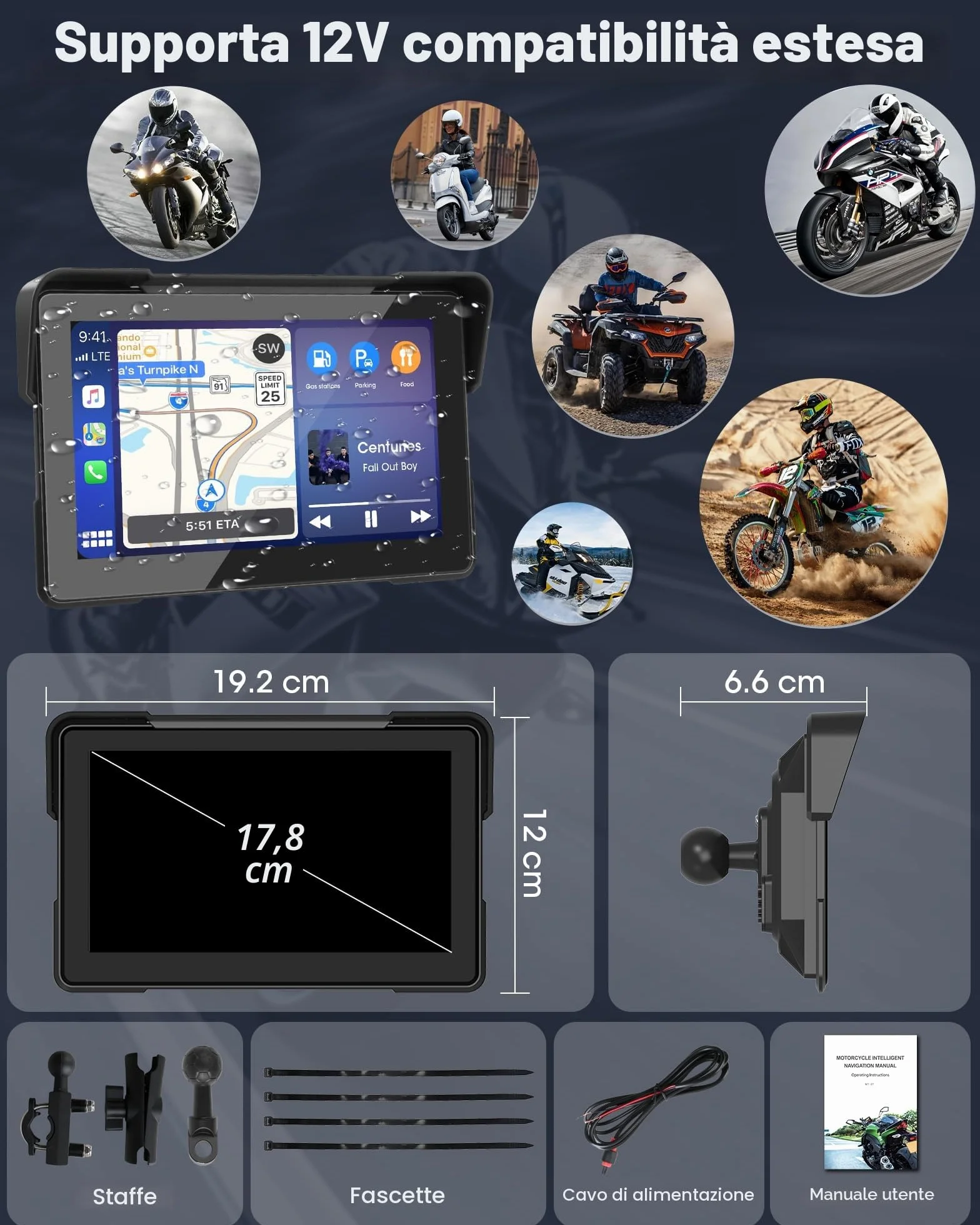 7 Pollici Carplay Moto e Android Auto Navigatore Moto Portatile Senza Fili con Motociclette Navigazione, Supporto Siri/G-oogle Assistant, Bluetooth, IP67 Impermeabile per il Viaggio Pendolare