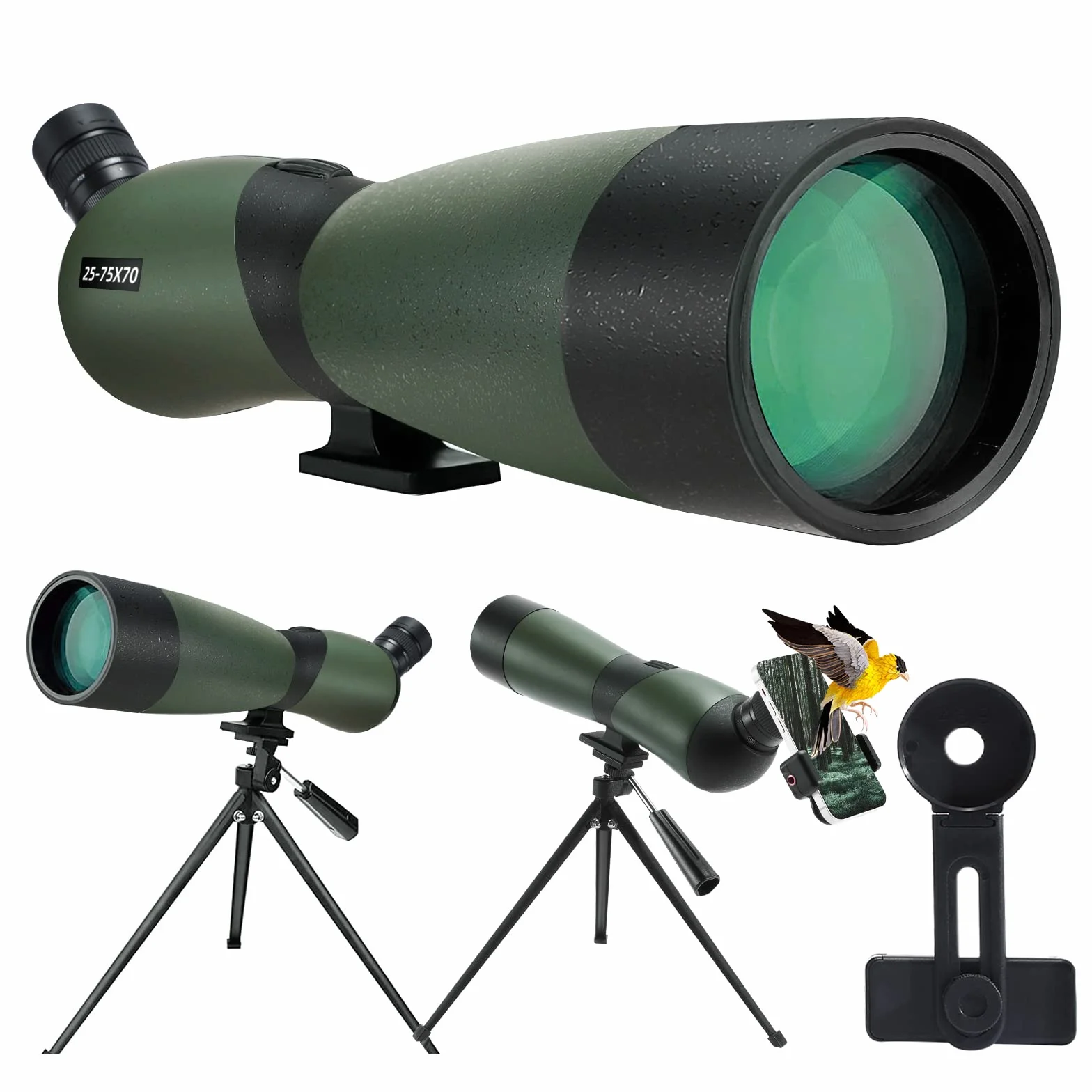 25-75x70 Cannocchiale con Treppiede, Borsa per il Trasporto e Adattatore per Smartphone - Cannocchiale Monoculare Impermeabile per Birdwatching, Tiro a segno, Tiro con Arco, Caccia