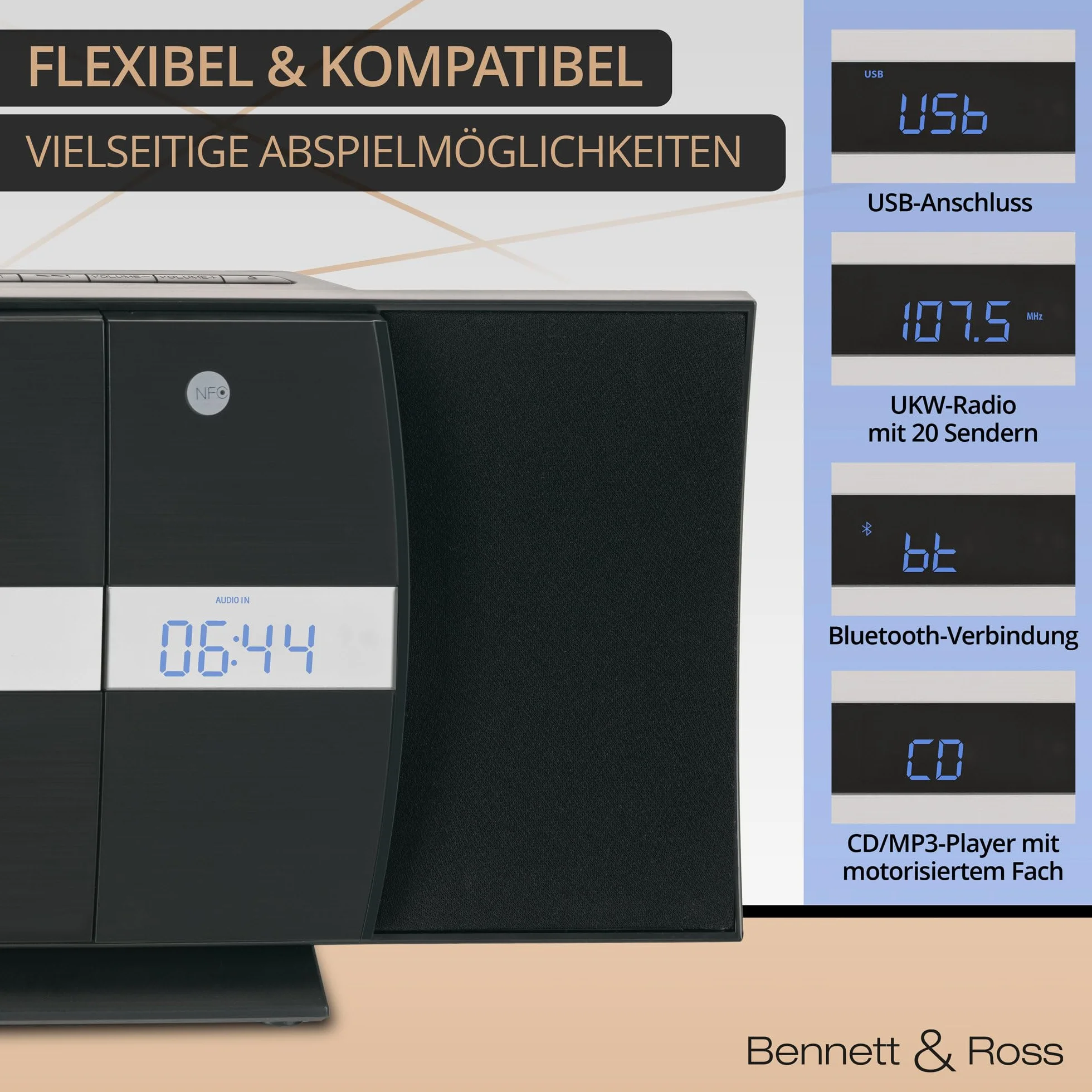 Bennett & Ross Ålesund Impianto stereo verticale - Microchaîne hi-fi avec lecteur CD, MP3, fonction UKW, USB et Bluetooth avec NFC - Installation sur pied ou murale - Telecomando incluso - Nero