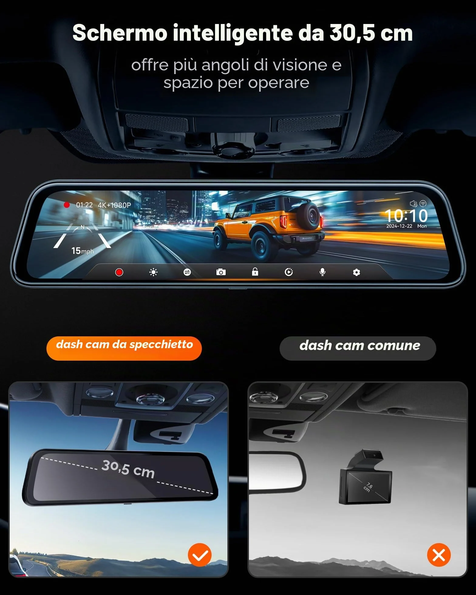 WOLFBOX 12" G840S 4K Dash Cam Specchietto con 5.8GHz WiFi, Dashcam Retrovisore Telecamera per Auto con Anteriore 170° e Posteriore 140°, Parcheggio Assistito, Sensore G(Con Scheda da 32 GB & GPS)
