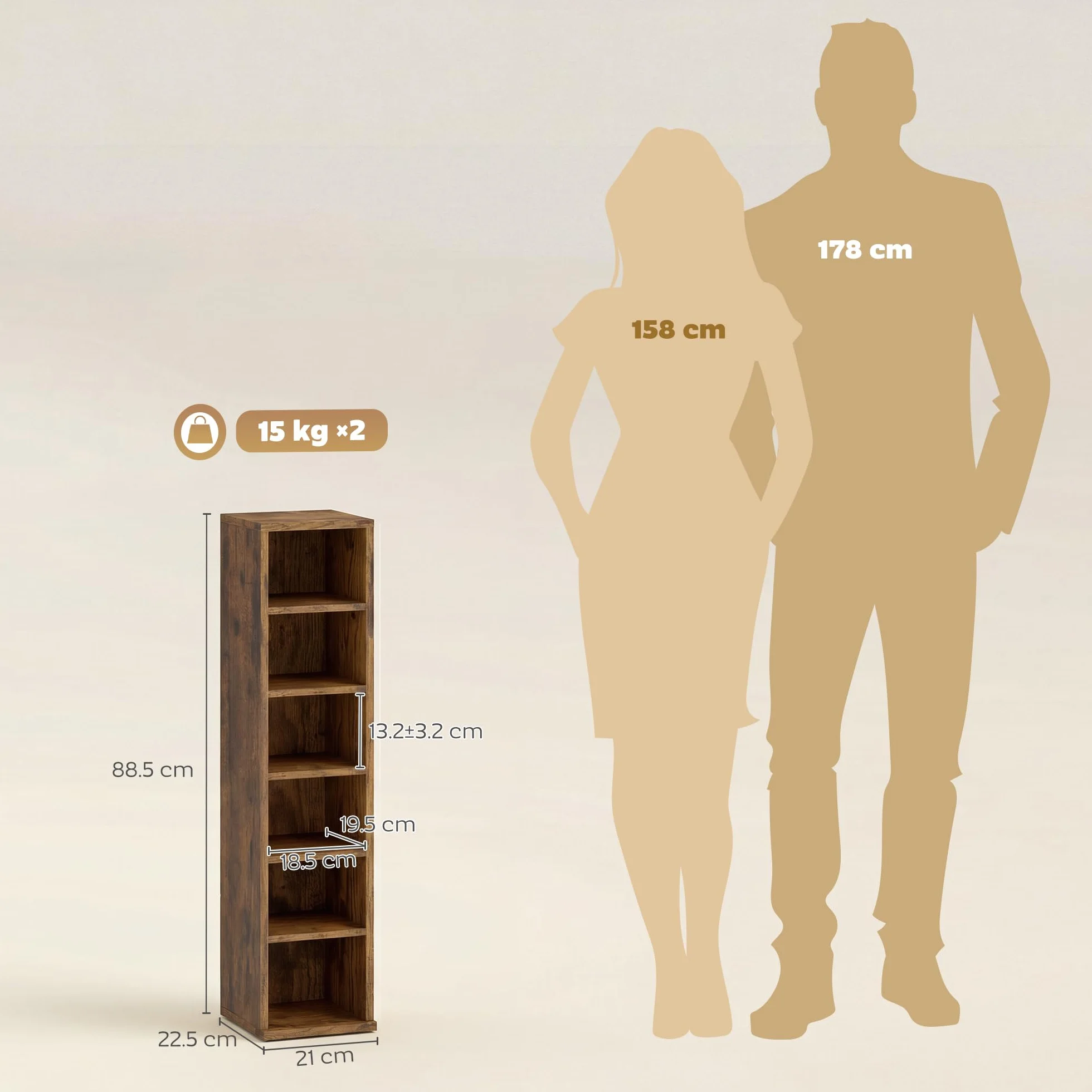 HOMCOM Scaffale Porta CD 2 Pezzi a 6 Ripiani, Scaffale Libreria in Legno per 204 CD ad Altezza Regolabile, 21x22.5x88.5 cm, Marrone Rustico