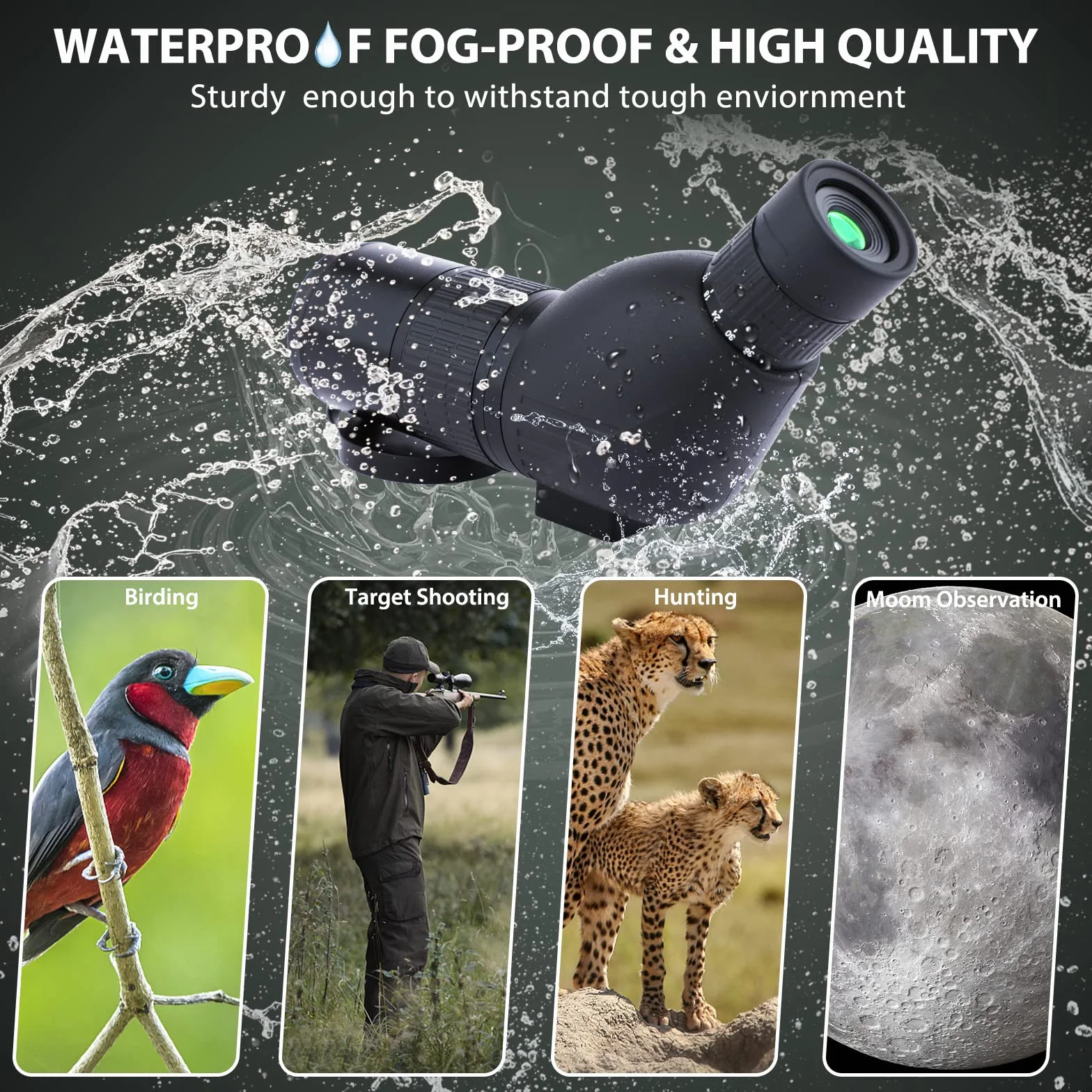 Cannocchiale con Treppiede, Borsa per il Trasporto e Adattatore per Smartphone, FMC Ottica Bak4 Prisma Telescopio Spotting Scope con Smartphone Adapter per Tiro a Segno Birdwatching Caccia (black)