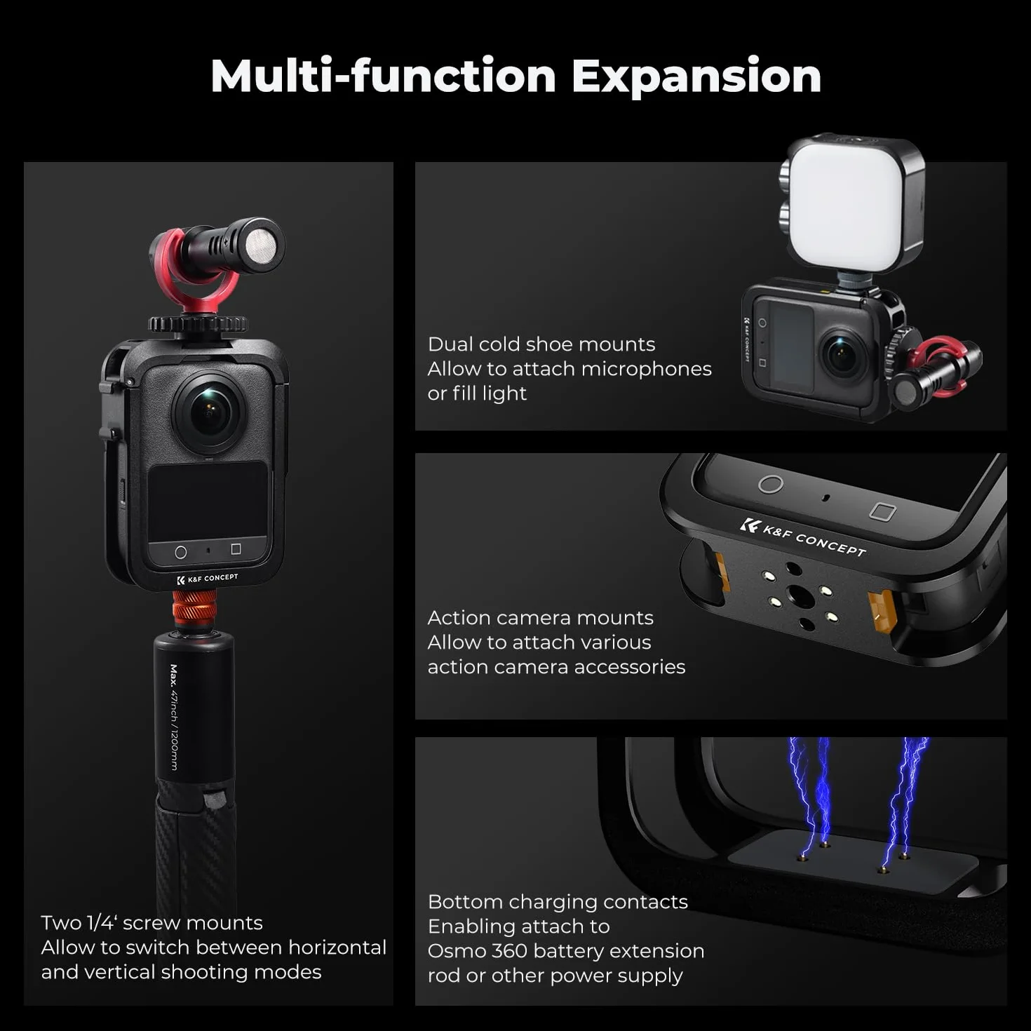 K&F CONCEPT Gabbia Metallica Compatibile con DJI Osmo 360 | Custodia Protettiva in Alluminio | Include Coprilenti in Silicone, Telaio con 2 Attacchi a Freddo e Contatti di Ricarica