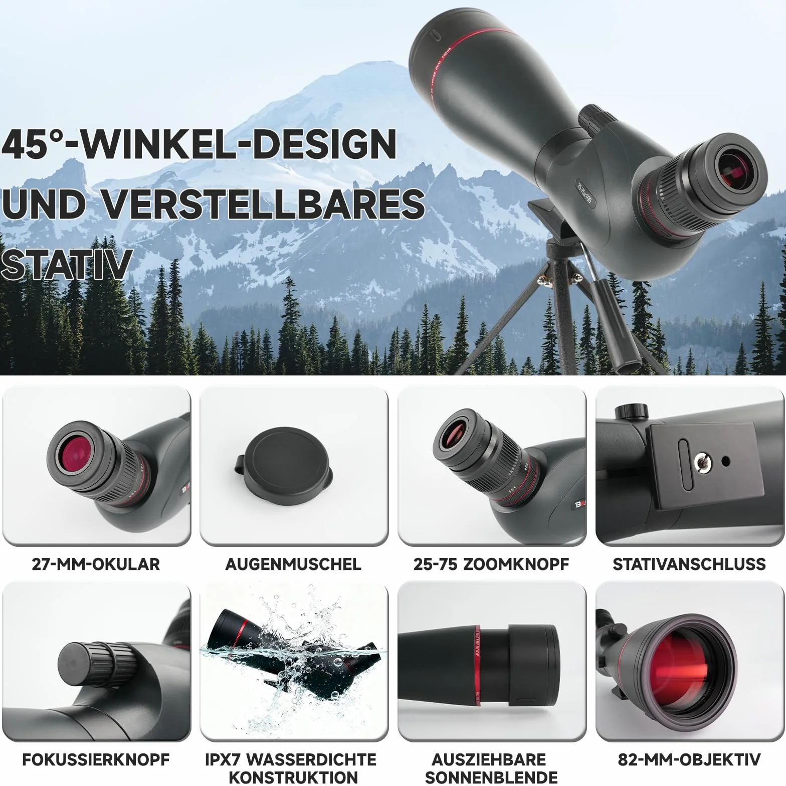 Cannocchiale da Osservazione 25-75x100 BAK4 FMC, Telescopio IPX7 Impermeabile Antiappannamento con Treppiede 360°, Adattatore Smartphone e Custodia per Birdwatching Caccia Astronomia