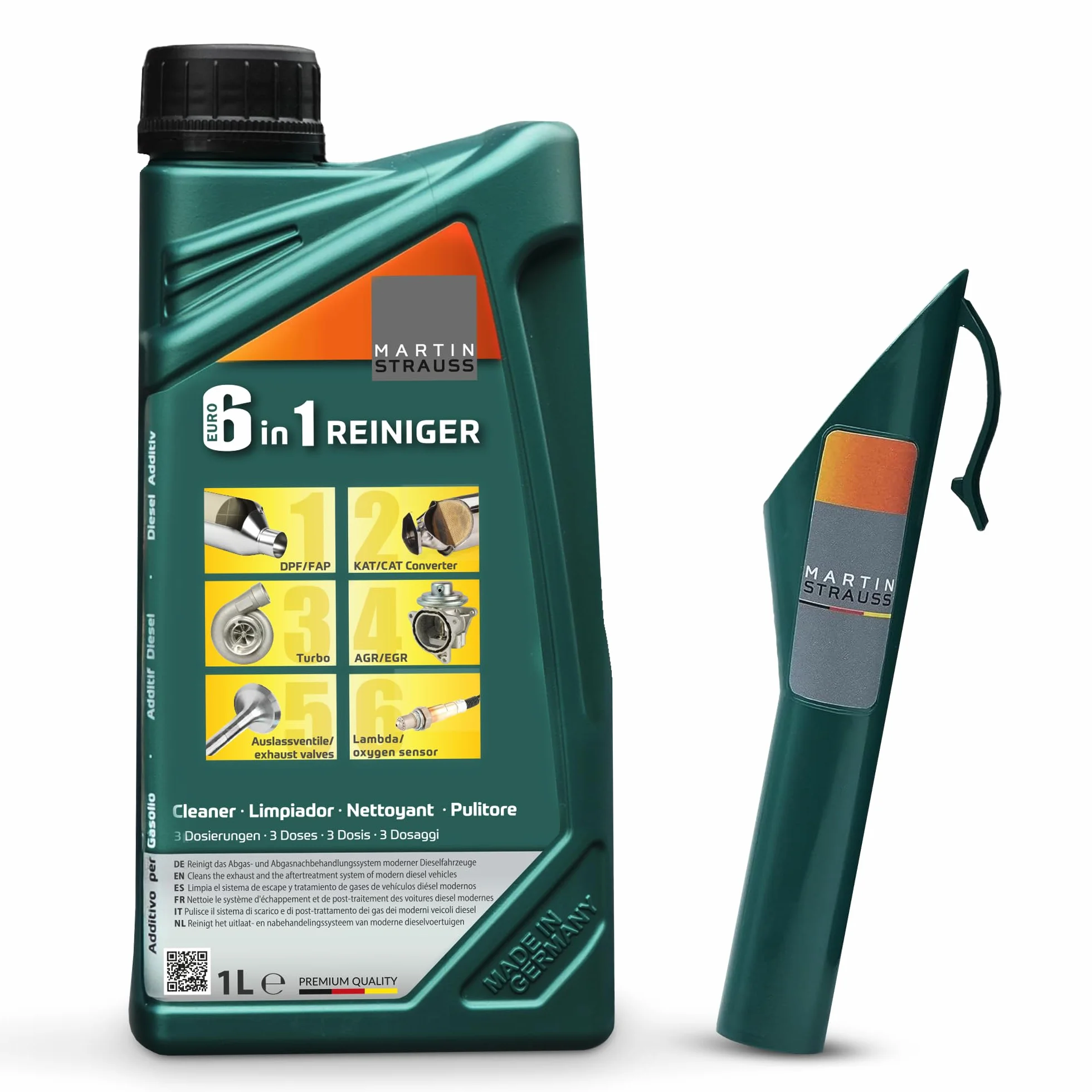MARTIN STRAUSS Pulitore Diesel EURO 6 in 1. Decarbonizzante del sistema di scarico: Valvola EGR, Turbo, Catalizzatore, FAP, Lambda. 1 Litro, 3 Dosi