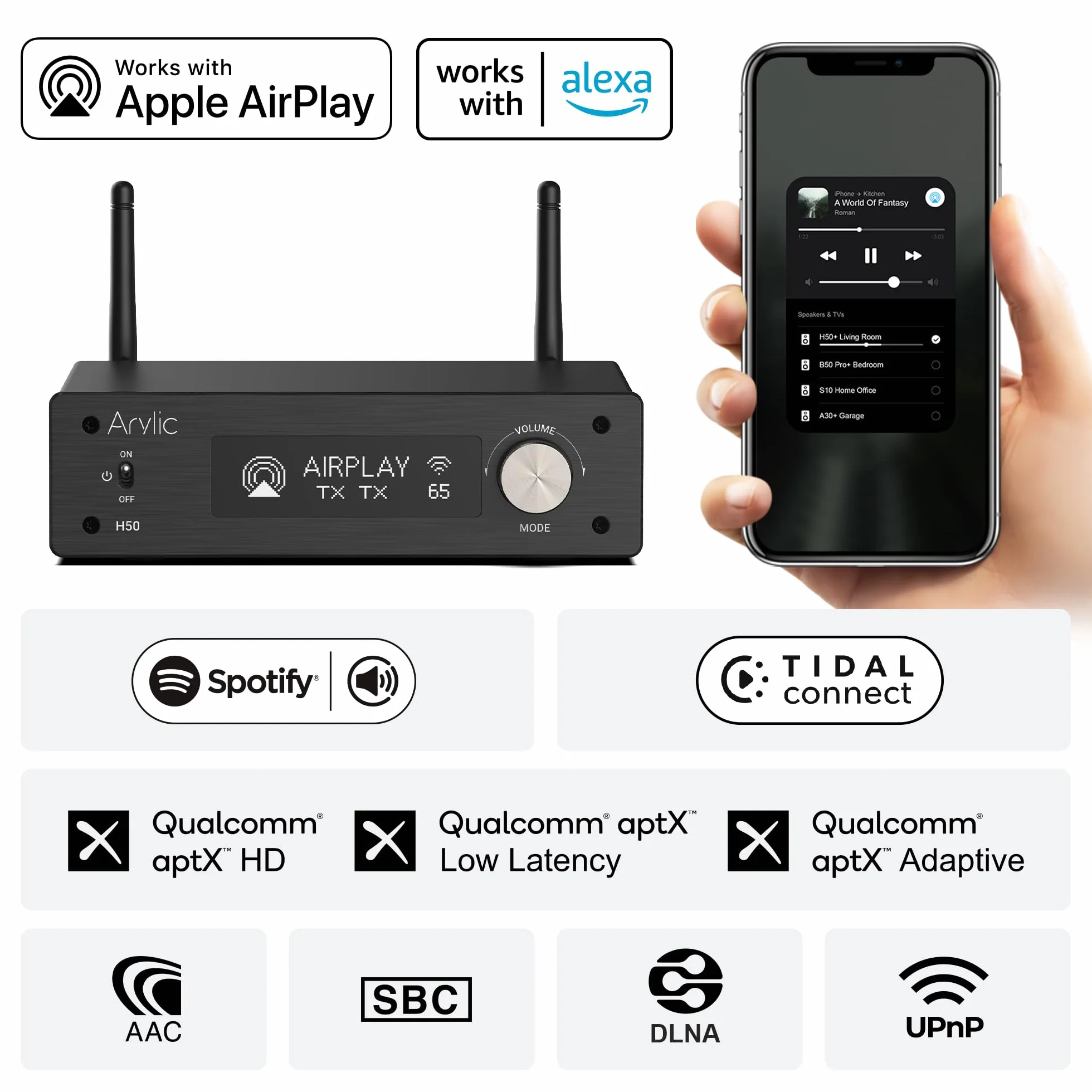 Arylic Amplifier WiFi H50 Hi-Fi Multiroom con Bluetooth aptX HD, HDMI ARC, Airplay 2 & Spotify Streaming. Supporta trasmissione musicale HD 192 Khz/24 bits. Amplificatore 50 W x 2.