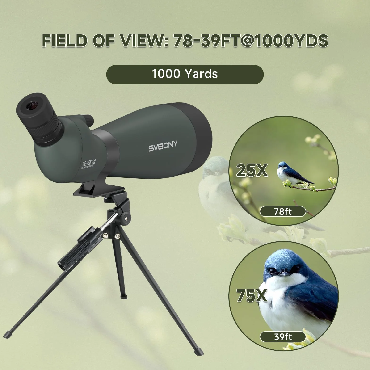Svbony SV28 25-75x100mm Cannocchiale con Treppiede, Ampio Campo Visivo Immagini Luminose e Chiare, HD Bak4 FMC Telescopio Spotting Scope con Adattatore, per Tiro Bersaglio Osservazione degli Uccelli