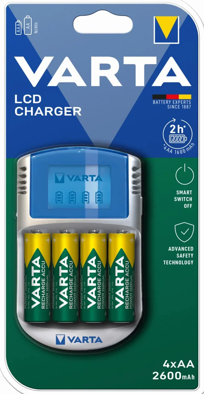 Varta Caricabatterie LCD per AA/AAA con 4 Batterie AA 2600 mAh, Adattatore 12V e Cavo USB Inclusi