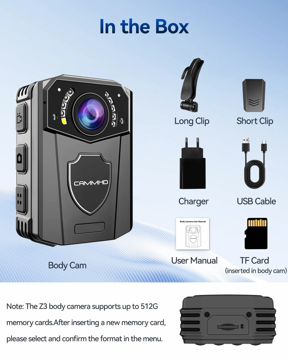CAMMHD Z3-32G Bodycam Polizia 1440P Grandangolo 130° Body Cam Impermeabile 8-10 Ore 3000mAh Scheda Esterna Visione Notturna Adatta per le Forze dell'ordine di Sport all'aria Aperta