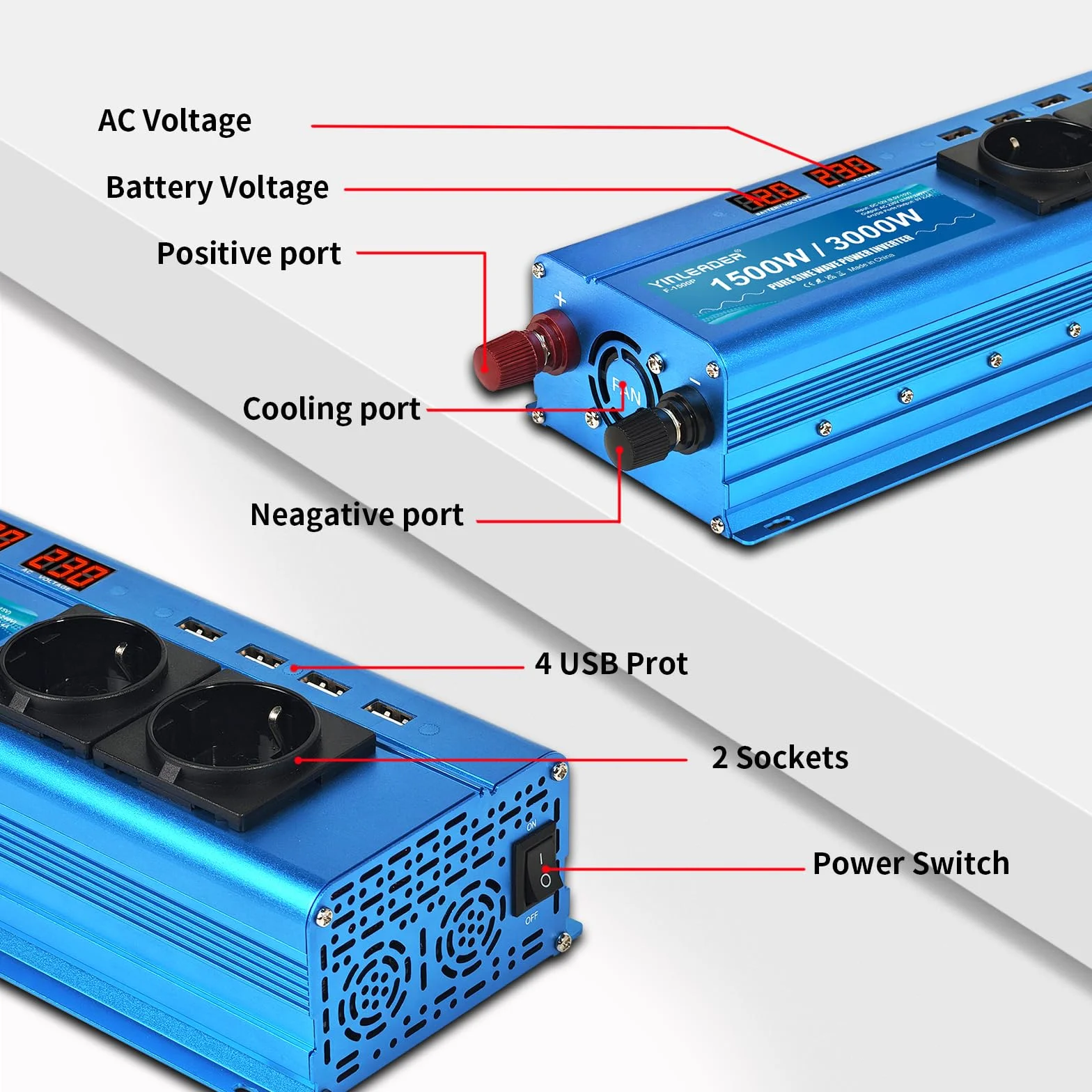 Yinleader Power Inverter 12V 230V Onda Sinusoidale Pura 1500 W 3000 W Inverter di Potere 2 LED 2 Prese 4 USB