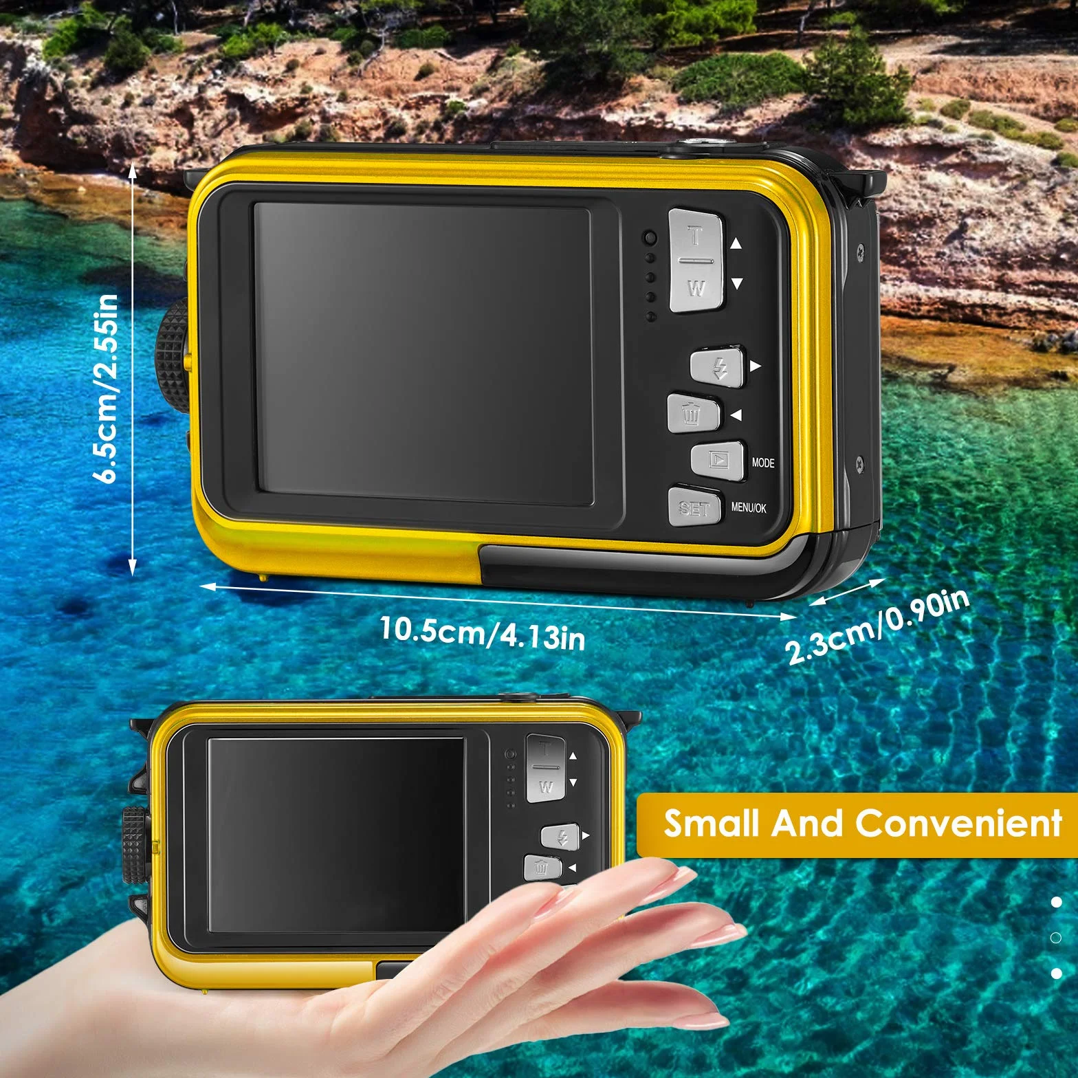 Aomdom Macchina Fotografica Subacquea, Full HD 2.7K 24MP Fotocamera Subacquea Digitale Zoom Digitale 16X Macchina Fotografica Subacquea Bambini Doppio Schermo giallo