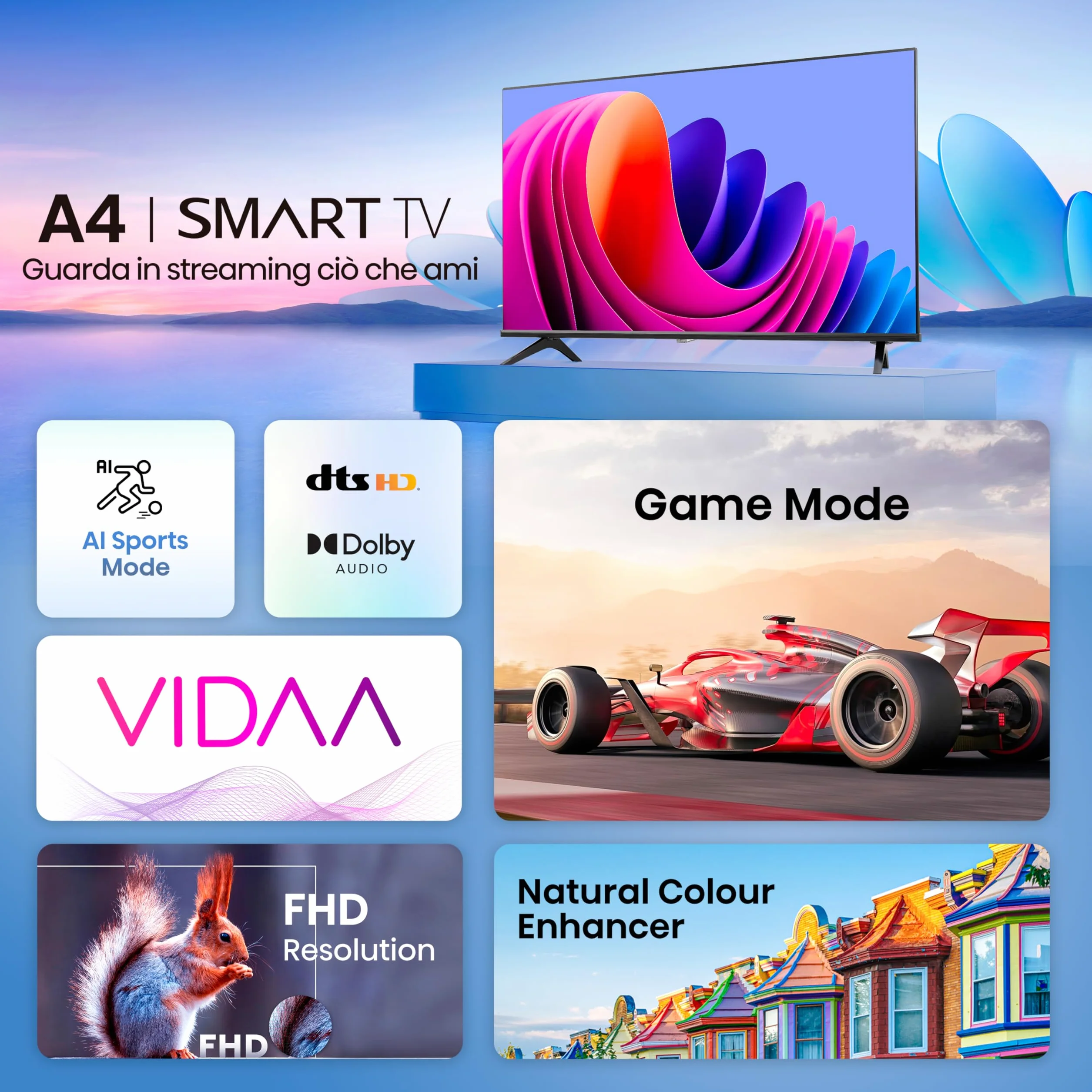 Hisense TV 32" HD Ready 32A4N, Smart TV VIDAA U7, Game Mode, Works with Alexa, Tuner DVB-T2/S2 HEVC 10, lativù, 32'', 2024 LED