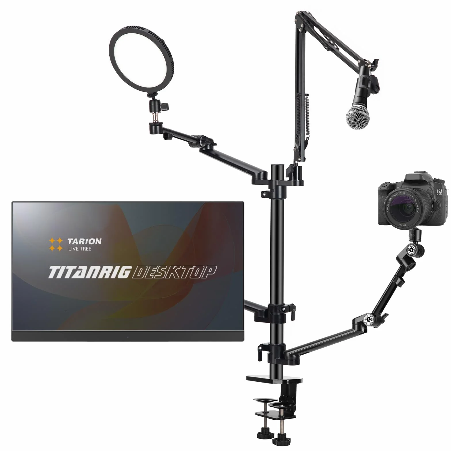 TARION Supporto Fotocamera da Tavolo con Braccio: Supporto DSLR Morsetto Flessibile da Tavolo con Bracci Snodato per Anello Luminoso Microfono Fotografia Video Streaming Titanrig Desktop