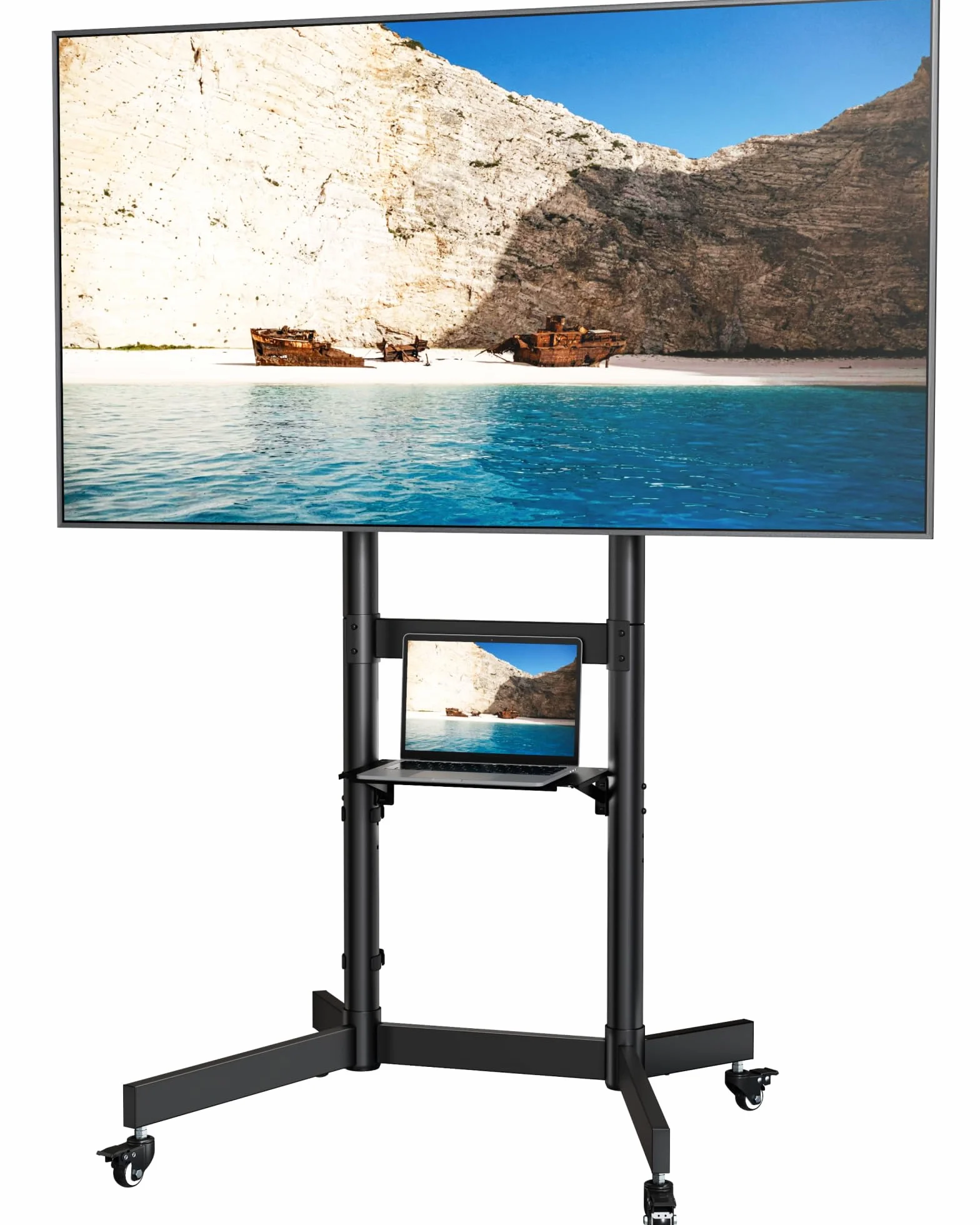 Robusto supporto portatile per TV da 55 a 100 pollici, portata fino a 75 kg, con vano portaoggetti e ruote bloccabili, montaggio a pavimento, VESA max. 800 x 600 mm, nero