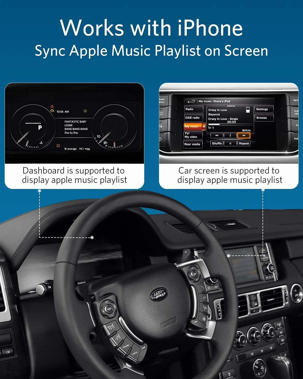 Airdual Bluetooth Adaptateur pour Land Rover, Range Rover, Interface musicale Jaguar 30 broches Compatible avec iPhone