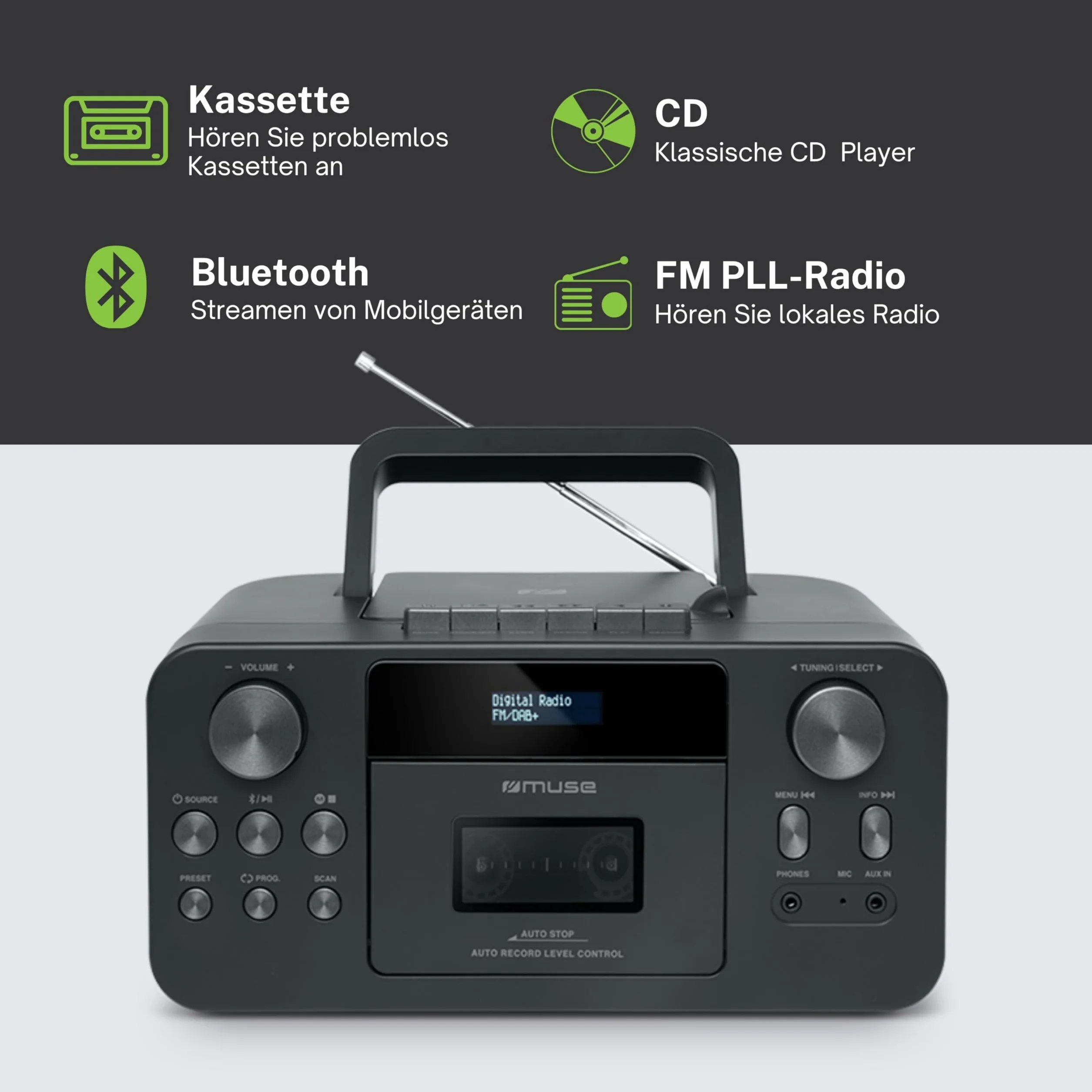MUSE Radio portatile DAB+ con lettore CD Bluetooth, lettore CD, FM, ingresso auricolari, AUX-In, display LCD, streaming musicale, nero (M-182DB)