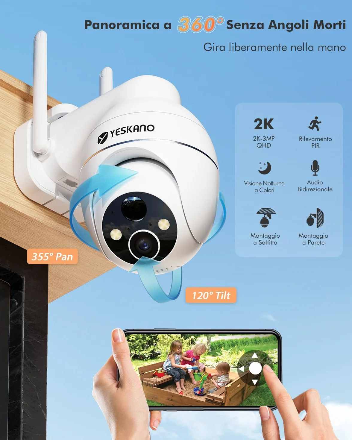 YESKANO 2K Telecamera Wi-Fi Esterno Senza Fili Con Pannello Solare, 360° PTZ Videocamera Sorveglianza A Batteria, Visione Notturna A Colori, Rilevamento Umano/PIR con Allarme, 2 Vie Audio, 2.4GHz,IP66