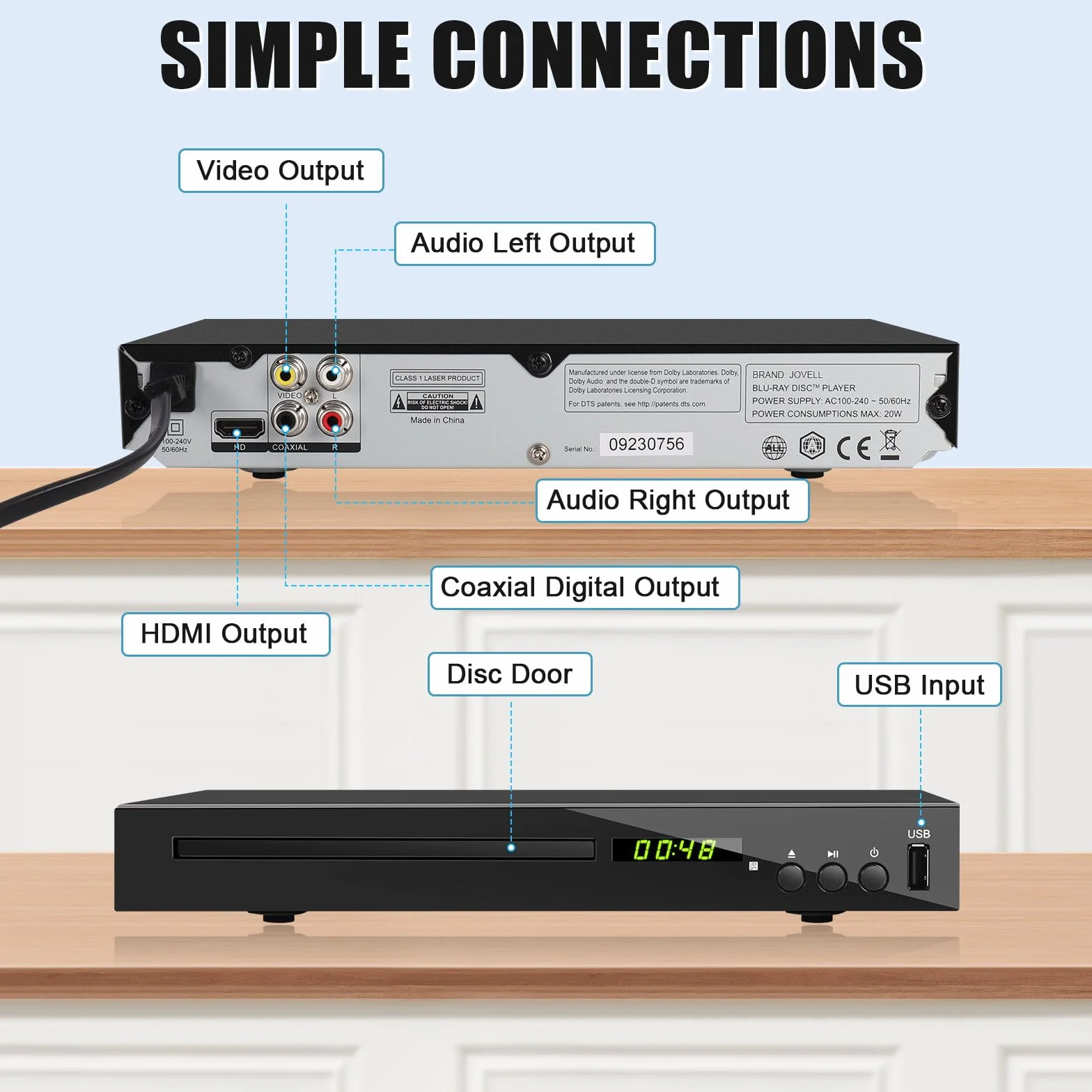 Lettore DVD Blu-ray per TV, Lettore Blu-Ray HD Compatibile con Dischi Blu-Ray Regione 2, Lettore DVD 1080P per Tutte le Regioni per TV Intelligente, con Ingresso USB/Uscita Coassiale AV HDMI
