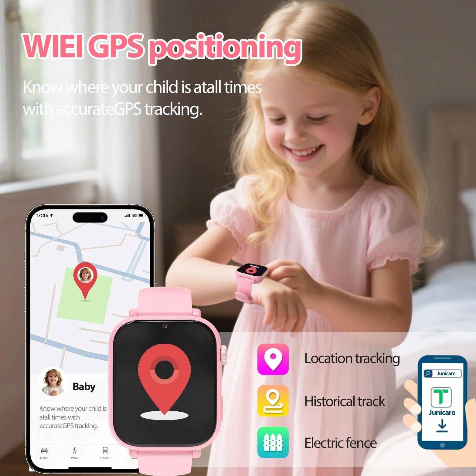 PTHTECHUS Smartwatch per Bambini, 4G Orologio GPS Bambini, Videochiamata e Telefono, WIFI/GPS/LBS Contapassi Ricevi SMS SOS Calcolatrice Timer Sveglia, Regali per Bambini Dai 4 Anni in Su, Rosascuro