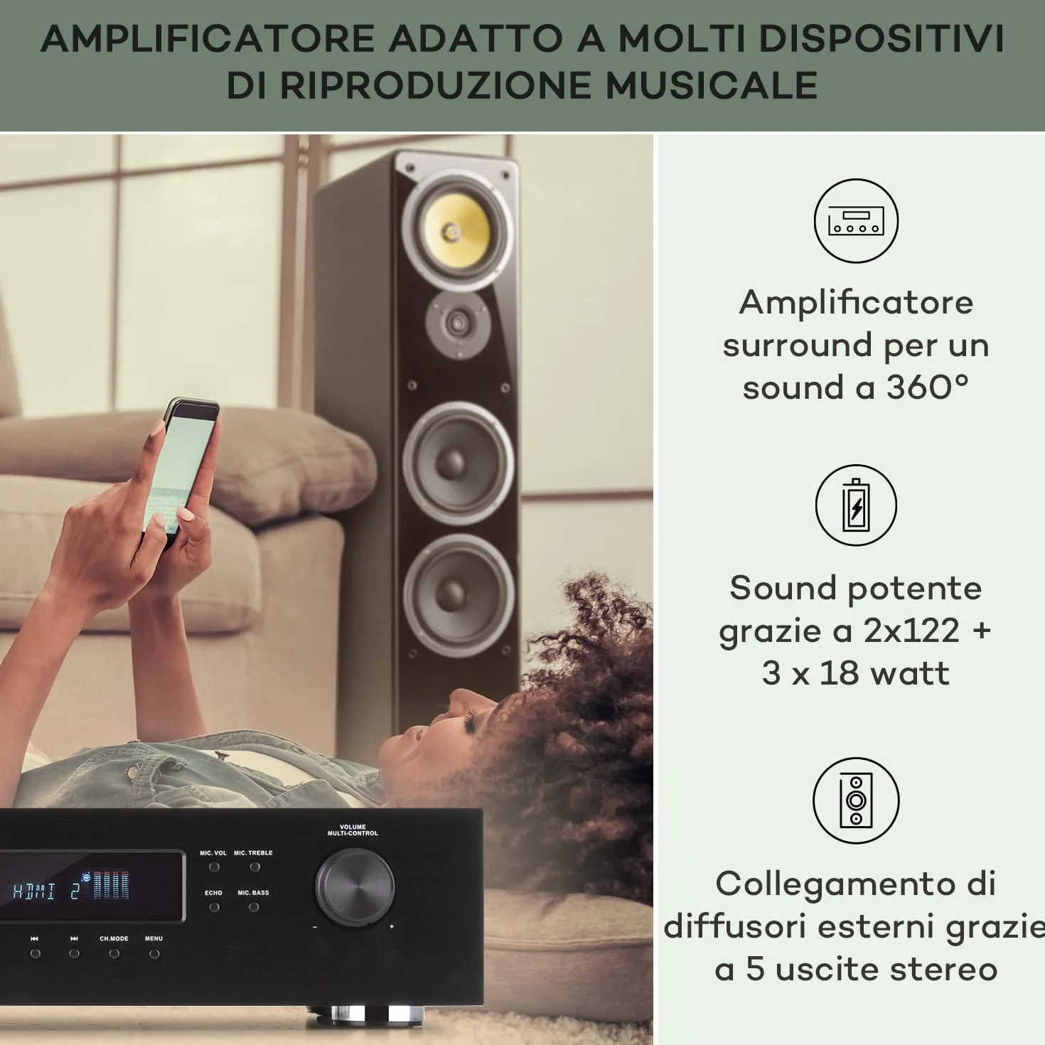 AUNA AMP-H260 5.1 - Amplificatore Receiver Equalizzatore, 2x100 Watt + 3x20 Watt RMS, Bluetooth, Porta USB, Slot SD, Digital-In Ottico & Coassiale, 2 x HDMI-In/1 x HDMI-Out, Nero