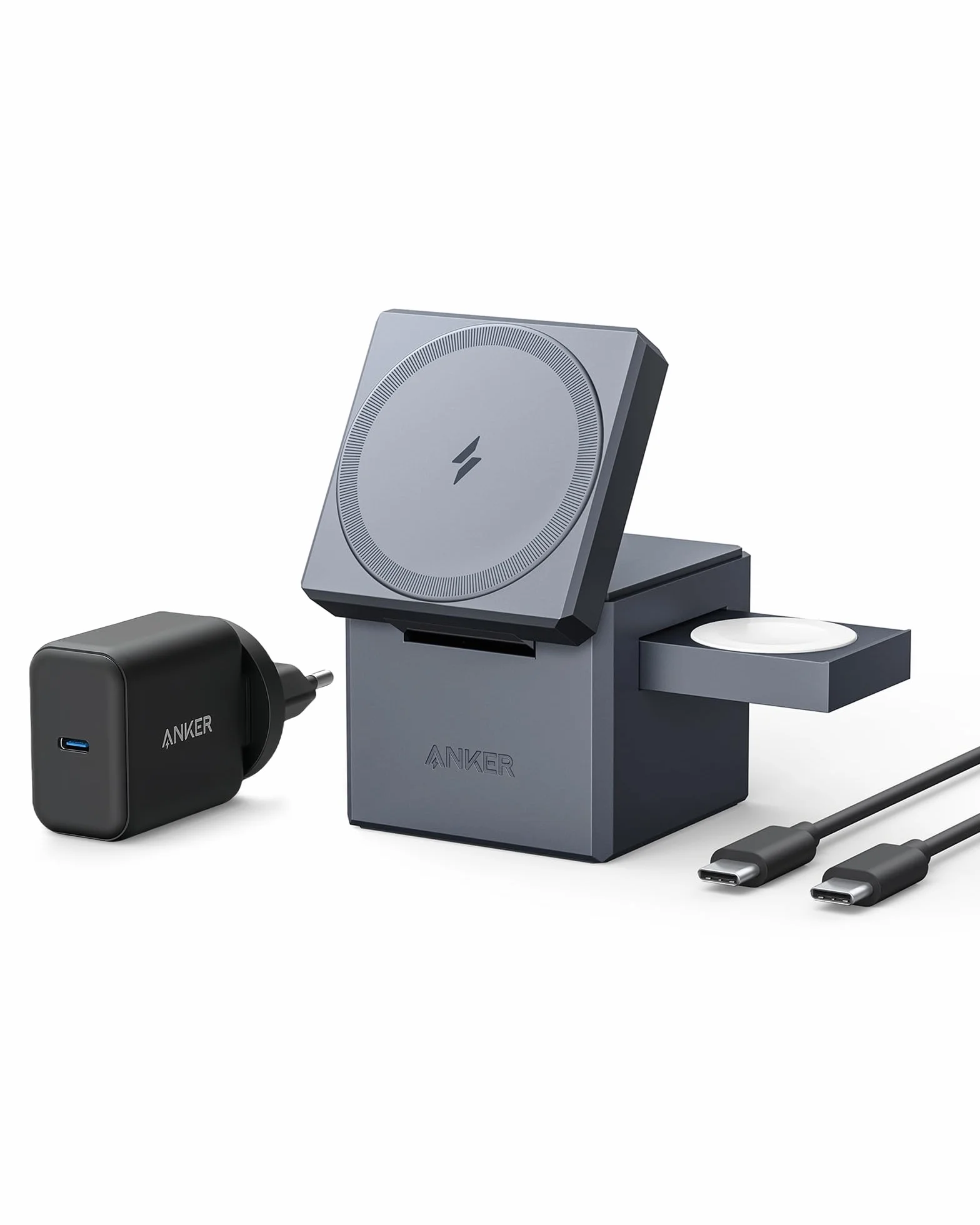 Anker MagGo Caricatore Wireless iPhone Cube 3 in 1 con MagSafe 15W, Caric Wireless Richiudibile Ricarica Rapida Max 15W, iPhone 17 Pro Max/Serie 16-12, Apple Watch, AirPods Pro (con Caric USB C 30W)
