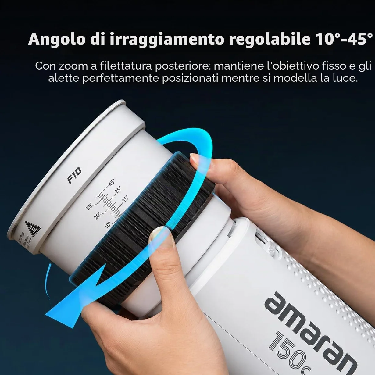 10X Lente Fresnel con Attacco Bowens e Alette a 4 Foglie, Fascio Regolabile 10°–45°, Zoom a Fuoco Posteriore per Luci COB ≤200W, Modellazione della Luce per Riprese Cinematografiche