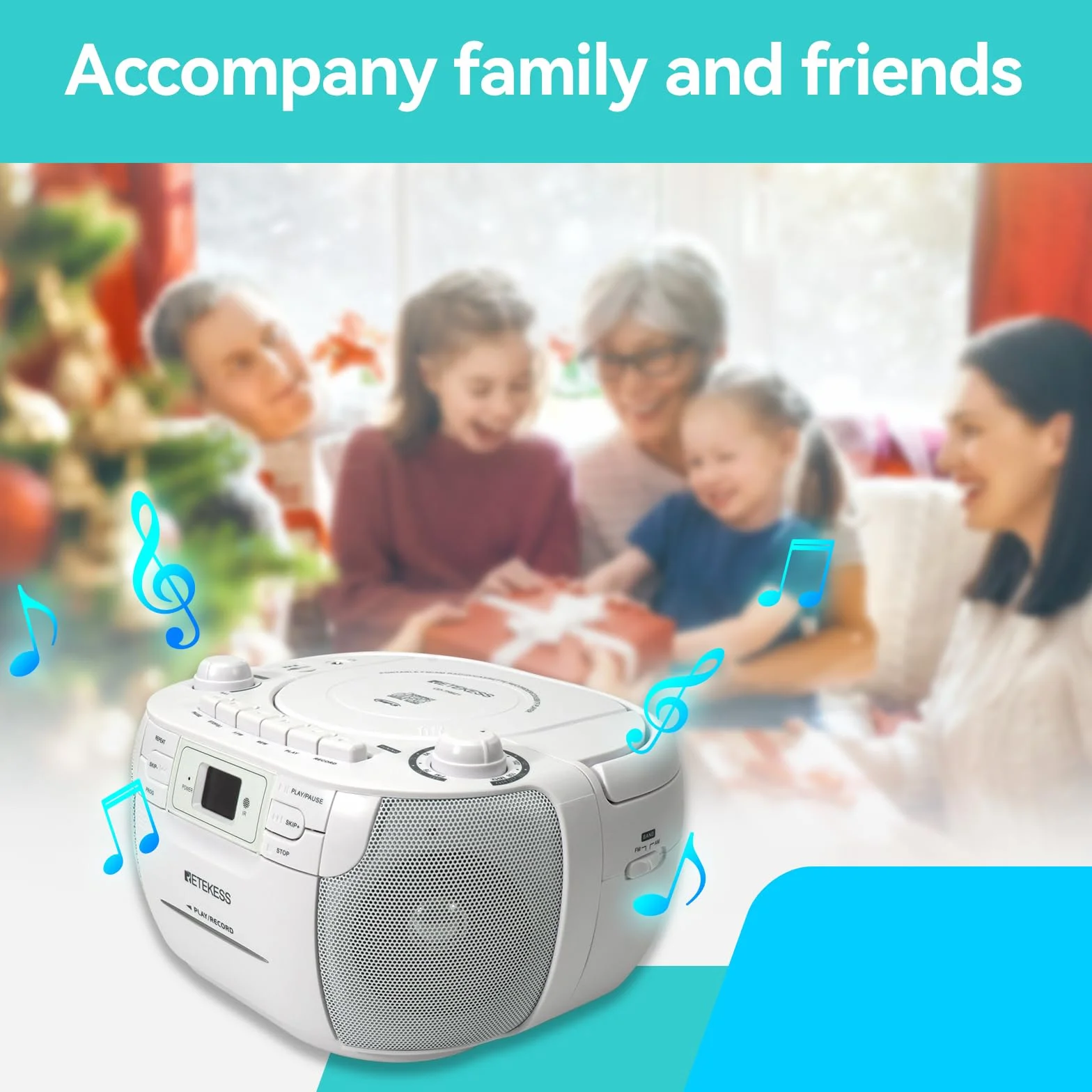 Retekess TR621 Lettore CD Boombox Portatile, Radio con Lettore CD, AM FM Radio, Supporto USB TF, con Telecomando, AC o Alimentato a Batteria, Accompagna la Famiglia e Gli Amici, Regalo(Bianco)