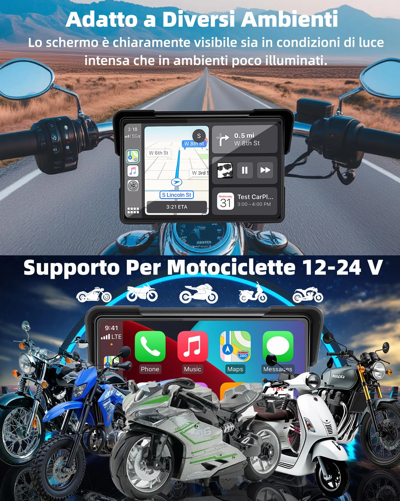 Jansite 7 Pollic Schermo Carplay Moto Android Auto, Navigatore Moto IP67 Impermeabile Schermo con Doppio Bluetooth Siri/GoOgle Assistant