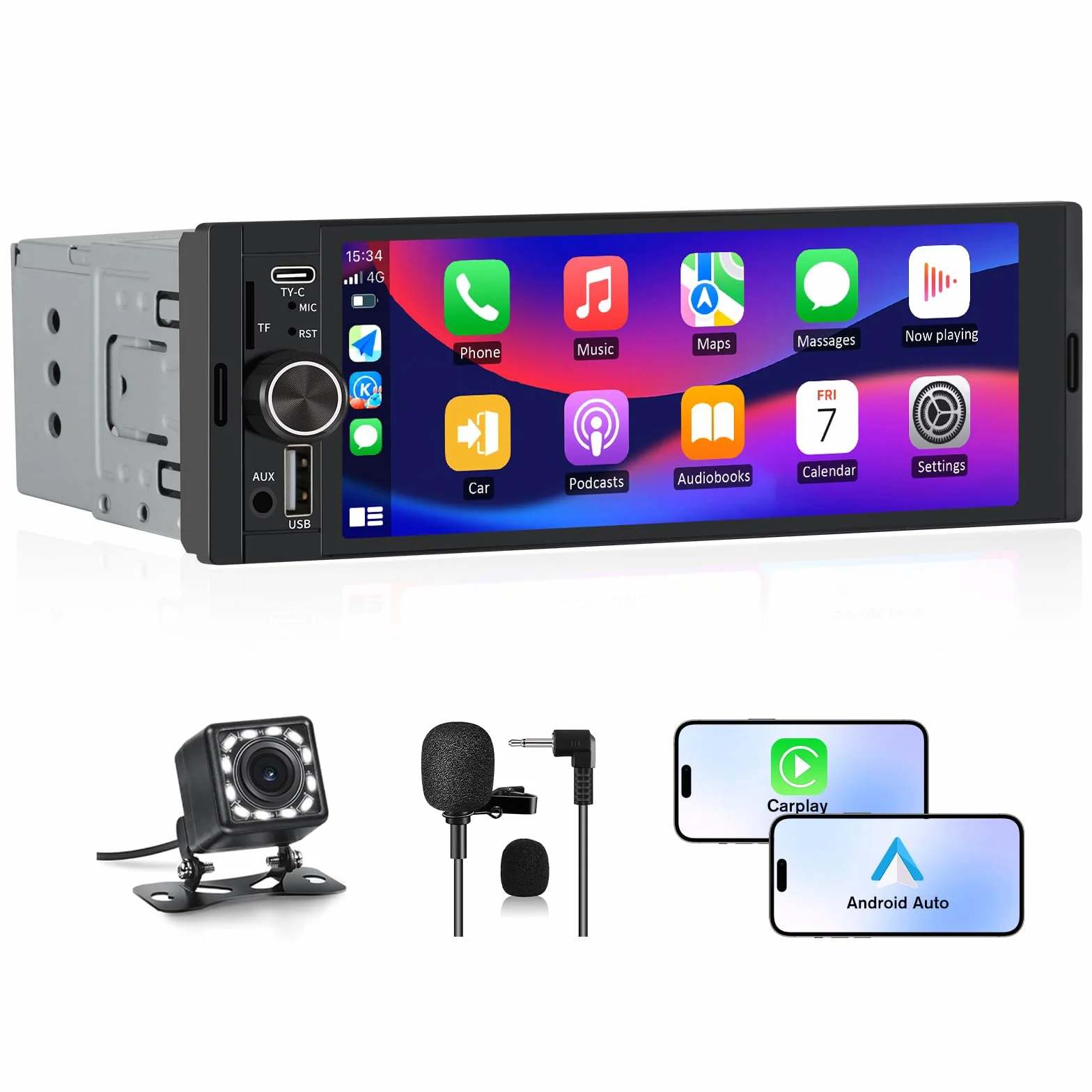 Autoradio 1 DIN con schermo Wireless CarPlay e Android Auto FM Bluetooth AUX Tipo-C Telecamera posteriore