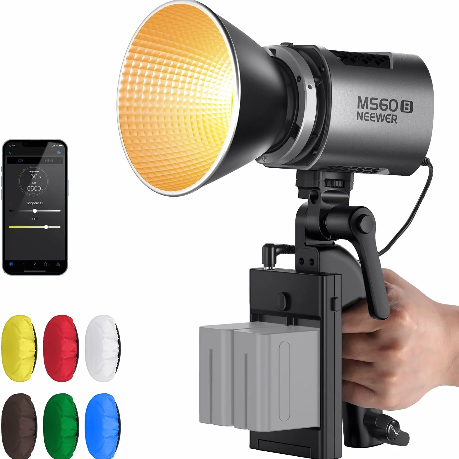 NEEWER MS60B Luce per Video con Kit 6 Diffusori Colorati, 65W Mini COB Controllo 2,4G/APP Bicolore 2700K-6500K Luci Studio Continua 40000lux/m, CRI97+ TLCI98+, 12 Effetti, Dimmer PWM, Bowens Mount