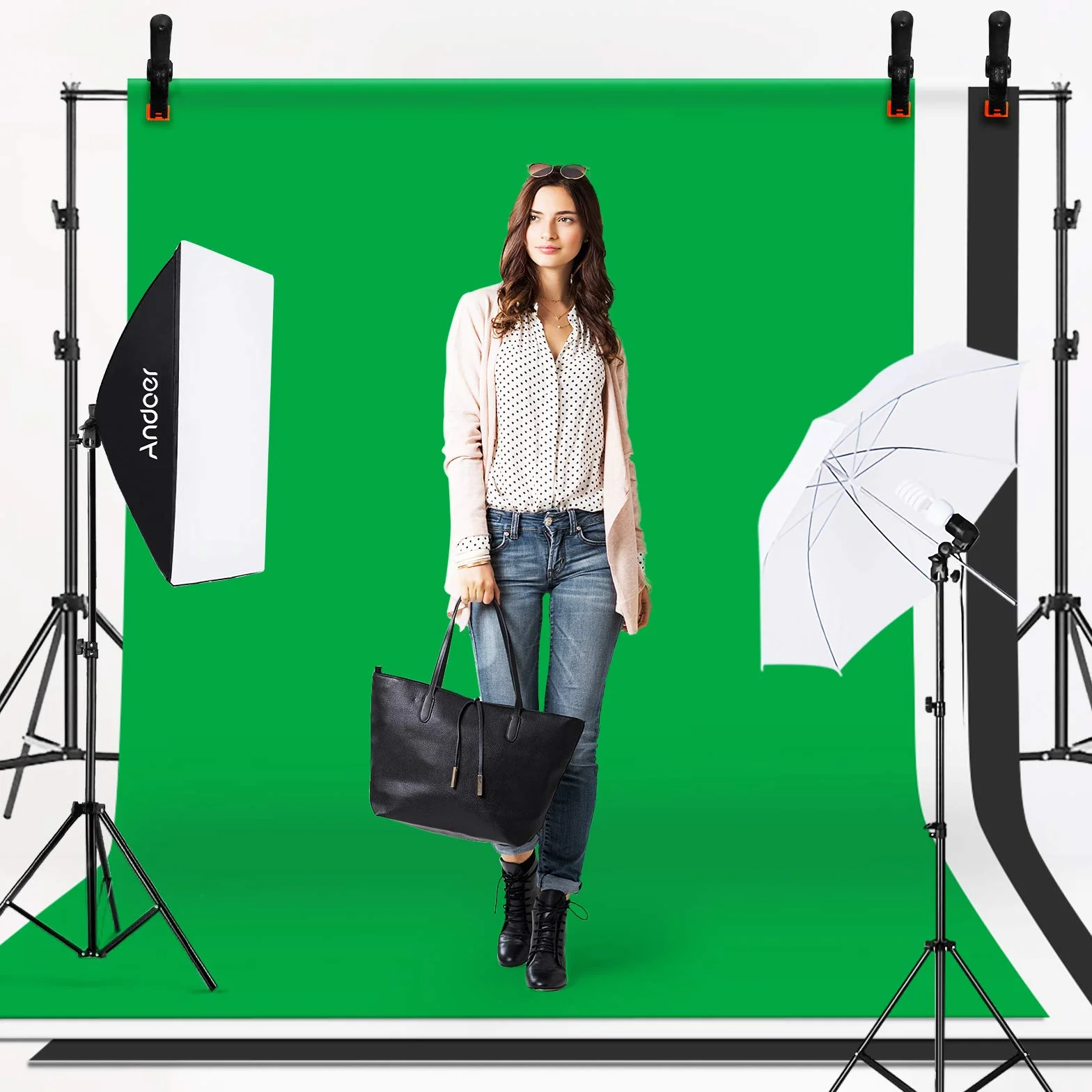 Andoer Set Fotografico, Studio Fotografico Kit di Illuminazione 1.8x 2.8m/6x9ft con Sistema per Sfondo 135W 5500K Ombrello Softbox Softbox kits 5in1 Reflector for Photo Studio Fotografia Video