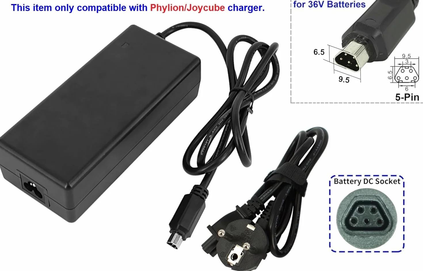 PowerSmart® Caricatore trapezoidale da 2 A, 5 pin, 42 V, compatibile con batterie al litio Joycube, Phylion 36 V