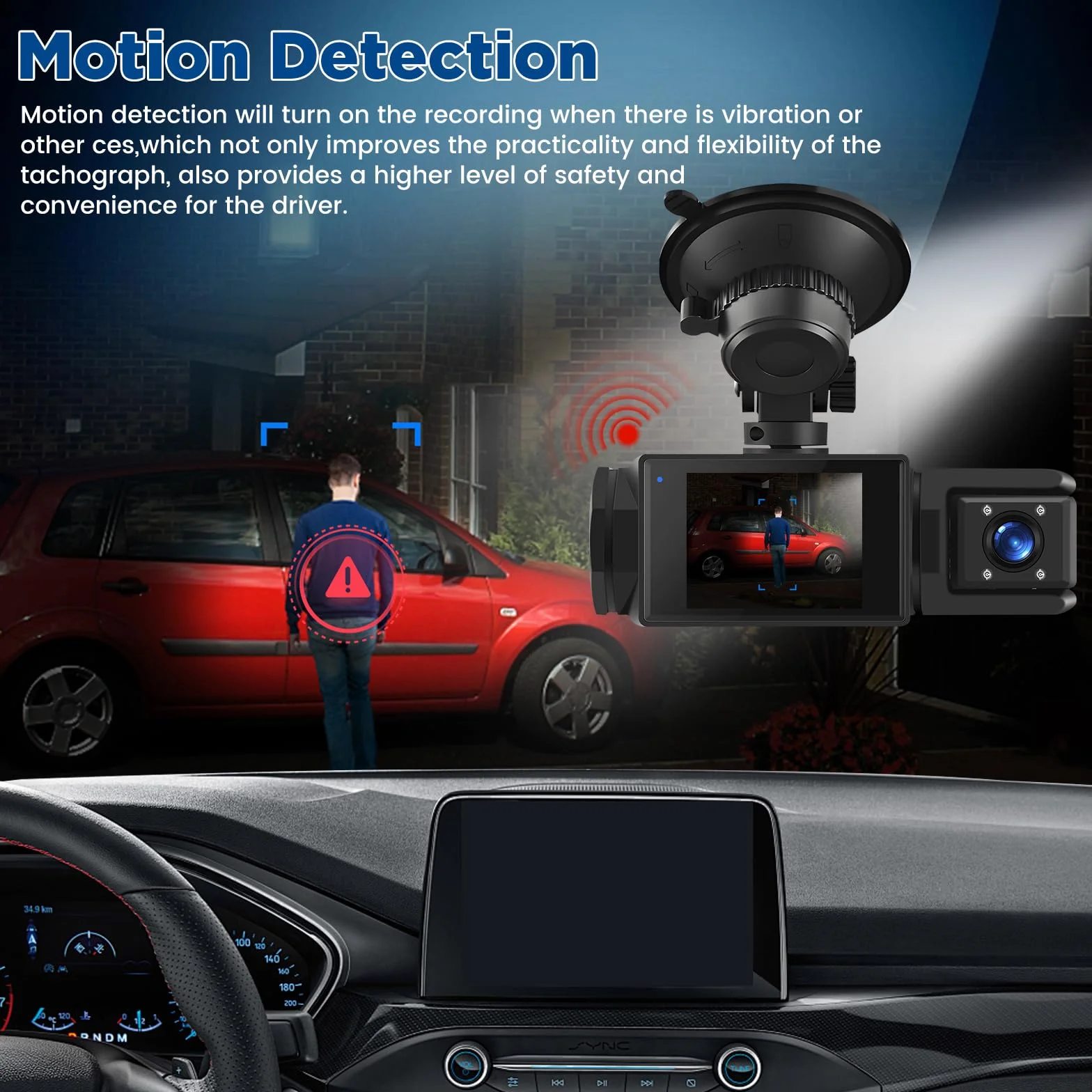 Dash Cam Auto Senza Fili WiFi – 3 Canali Fronte Interno Retro, Full HD 1080P, 2” IPS, Visione Notturna, Rilevamento Movimento, Loop, Obiettivo Rotabile