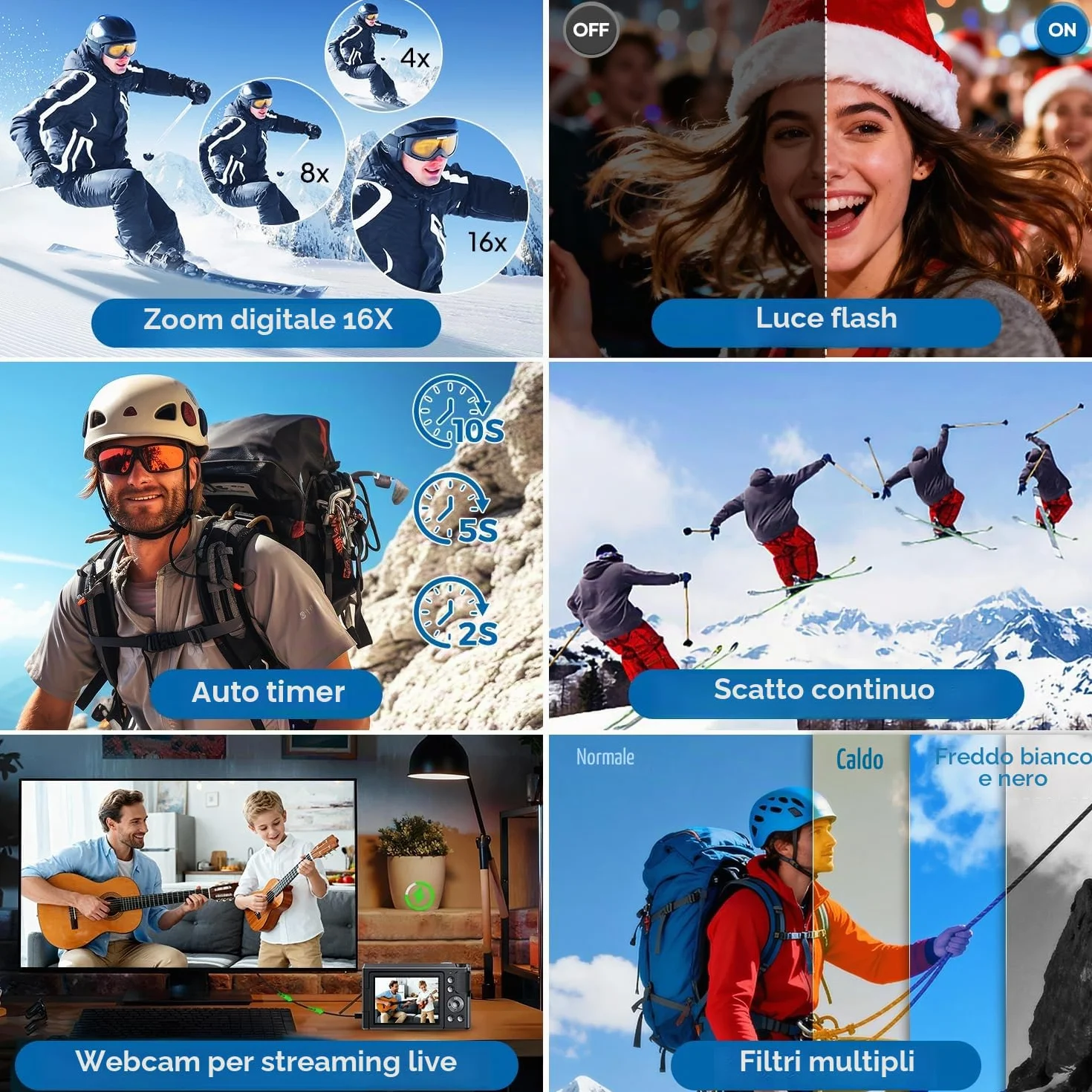 Macchina Fotografica Digitale, Focusinc 4K 56MP Fotocamera con Autofocus, Videocamera Pieghevole 180° da 3 Zoom Digitale 16X, Scheda 32GB Inclusa, Compatta Ricaricabile per Principianti Studenti