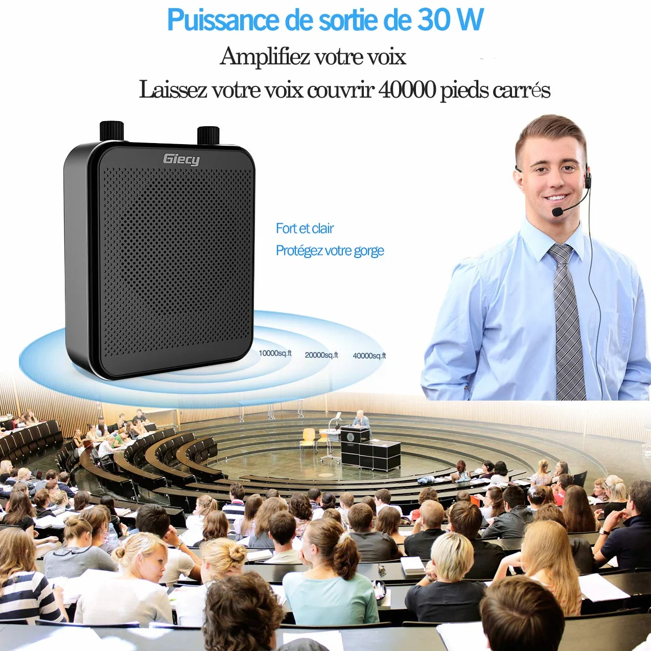 Amplificatore vocale portatile con microfono per cuffie da 30 W, batteria ricaricabile 2800 mAh, potente amplificatore voce per insegnanti, guide, allenatori, presentatori