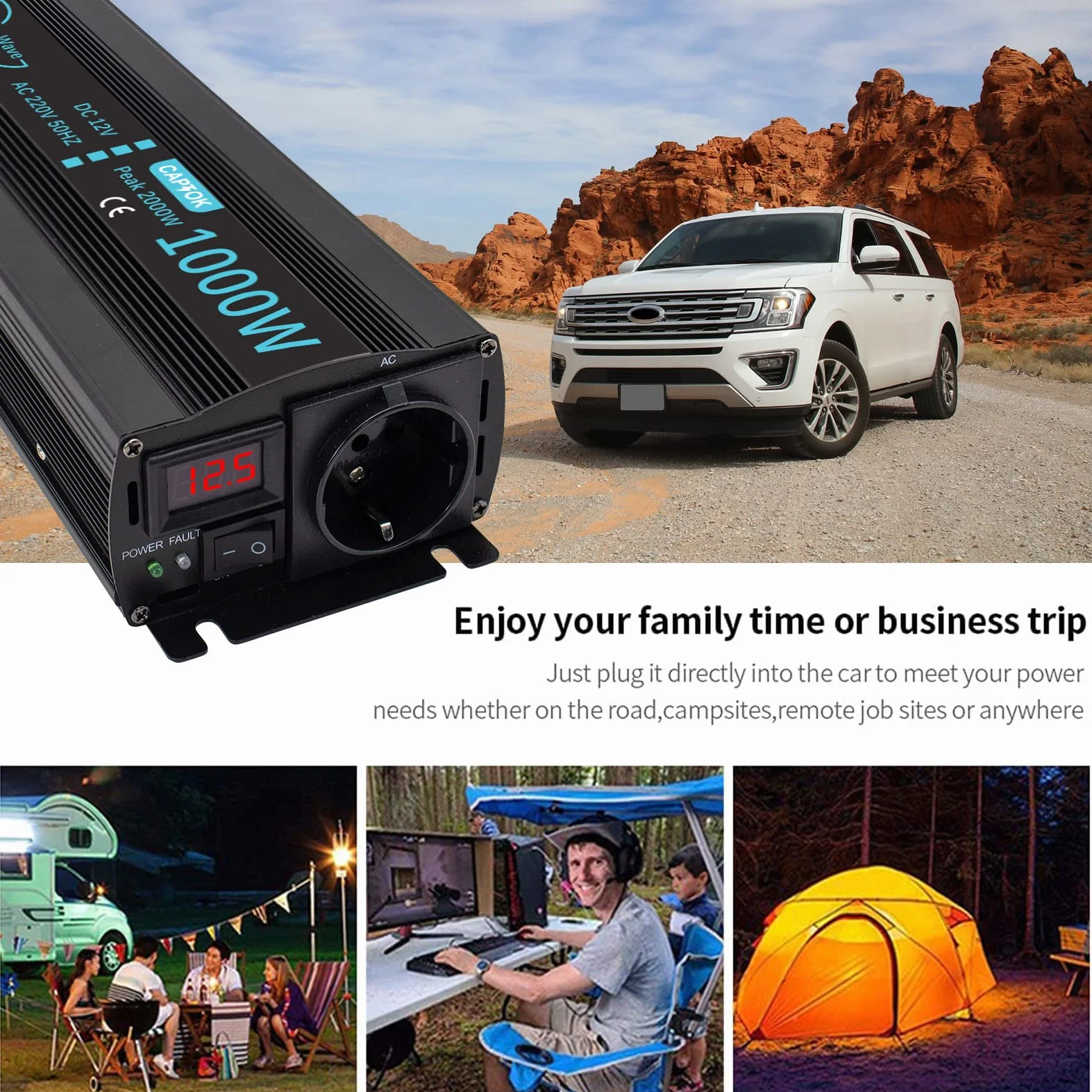 Power Inverter Onda Sinusoidale Pura 1000W da 12V CC a 220V 230V CA con display LCD Invertitore di Tensione per sistema solare RV domestico