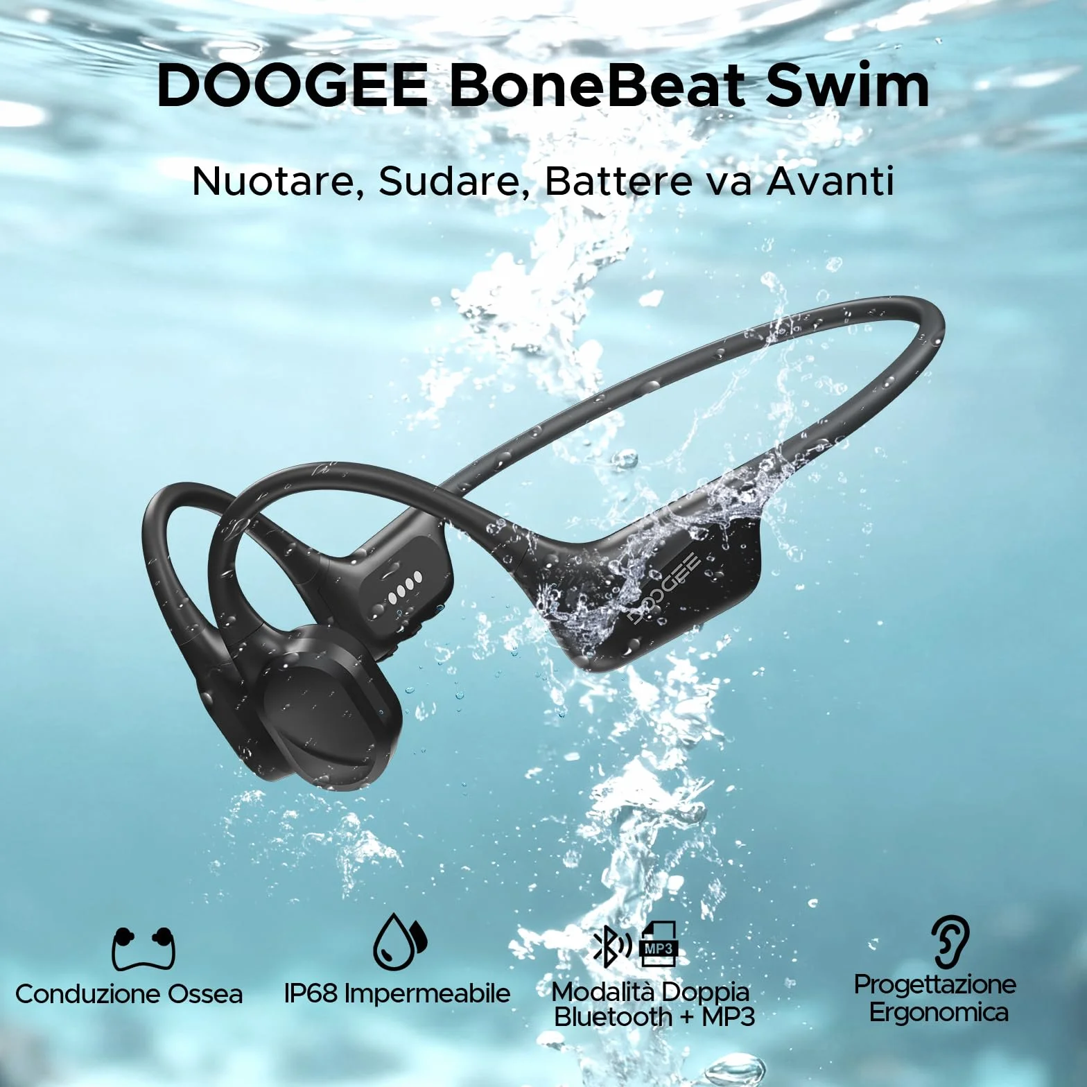 Cuffie Conduzione Ossea IP68 Impermeabili per Nuoto, Auricolari Sportive Bluetooth 5.4, MP3, 32GB, Comodo Silicone, Open-Ear per Corsa, Ciclismo, Palestra,Nero