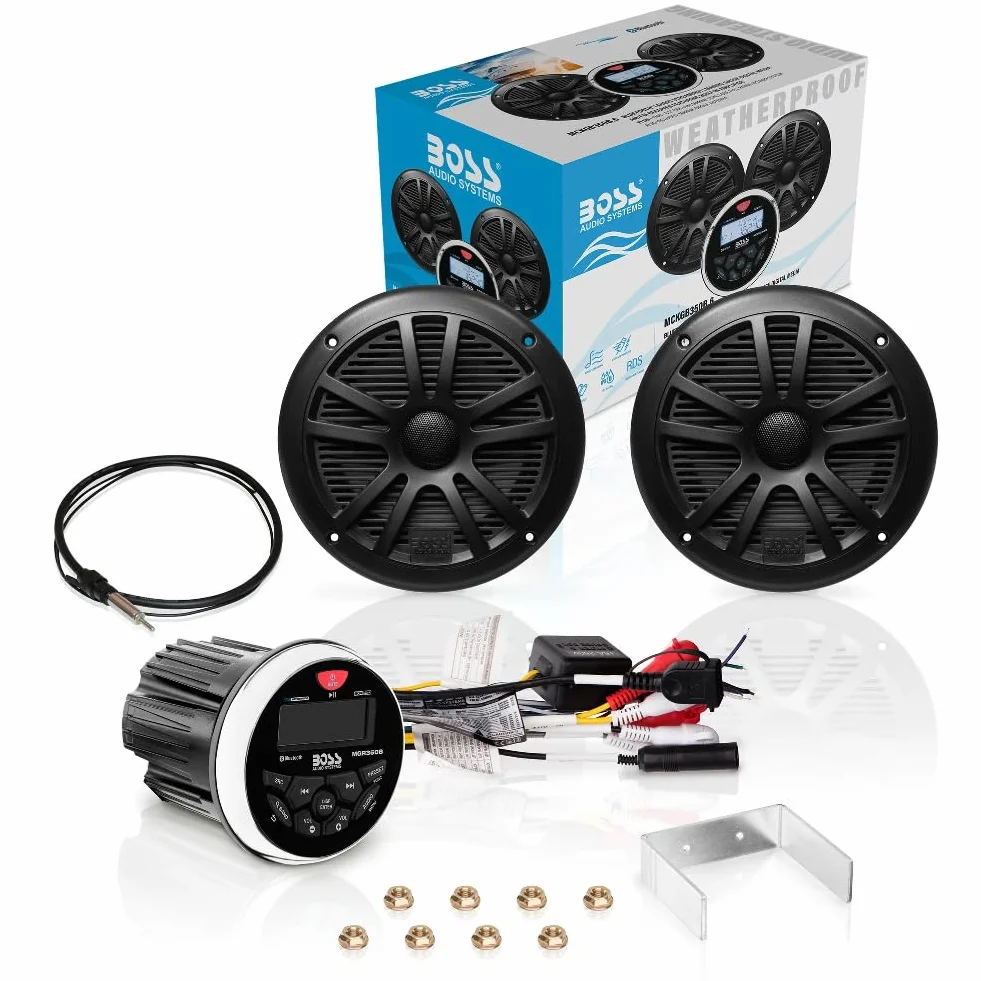 SET PER BOSS AUDIO SYSTEMS MCKGB350B.6 1 kit marino con stereo ricevitore AM/FM bluetooth waterproof, una coppia di altoparlanti MR6B 16,5 cm 90 watt rms 180 watt max, una dipole antenna, 1 kit