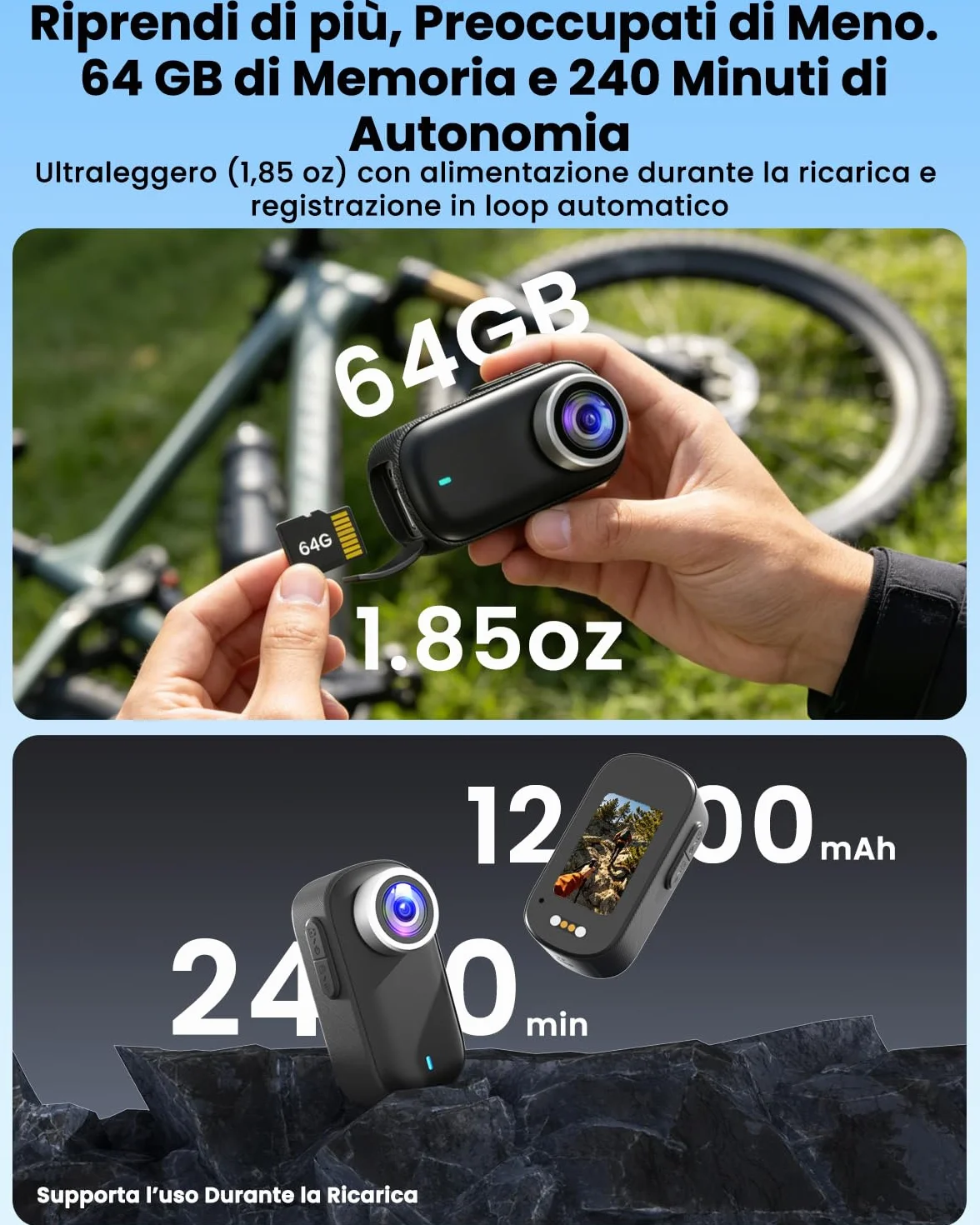 Action Cam, Body Cam 4K 64 GB, Mini Action Cam, Telecamera Moto con Batteria da 1200 mAh(240min), Mini Camera Impermeabile IP65, Compatta Telecamera per Moto Vlogging