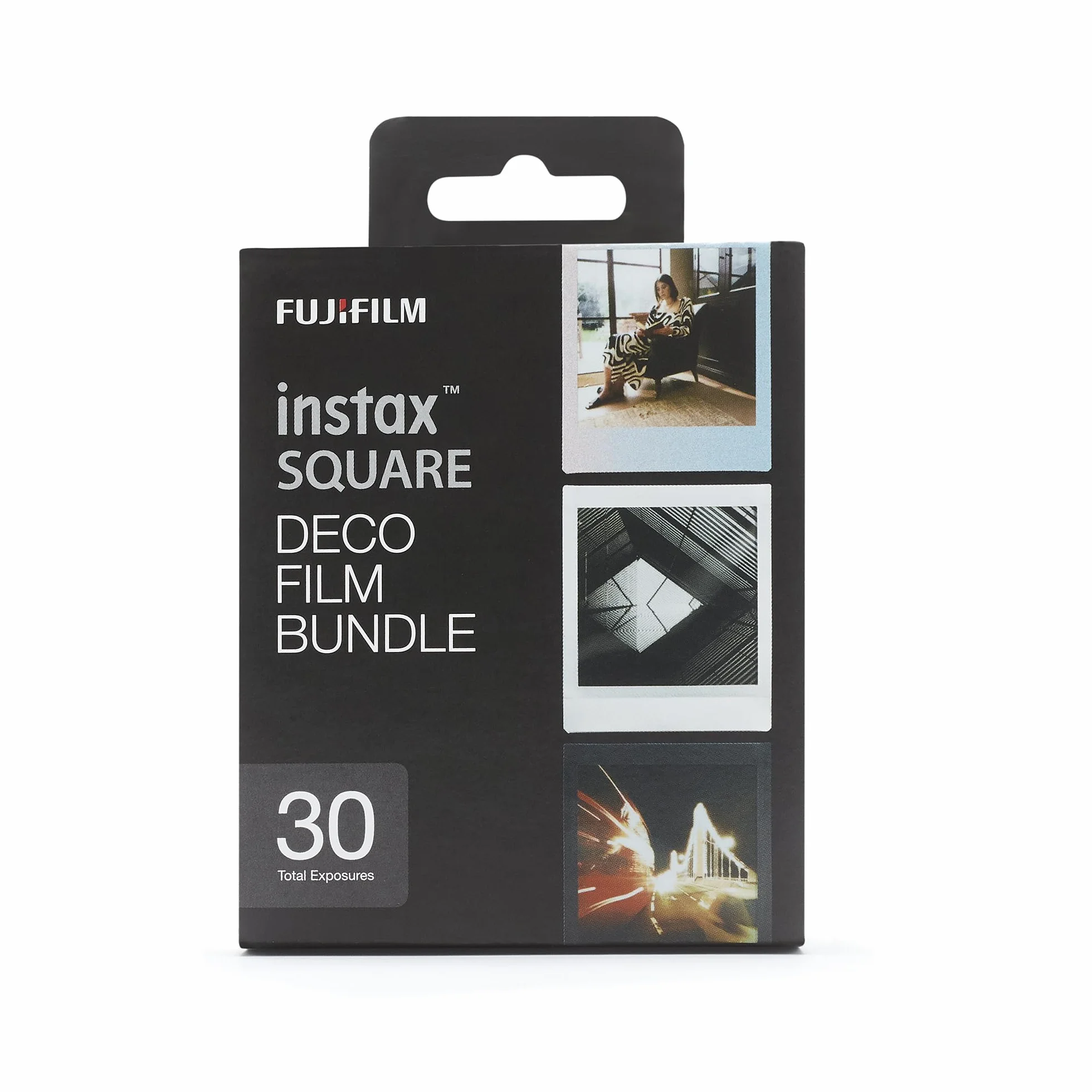 instax SQUARE DECO film bundle pellicole, 30 scatti, 3 pacchi da 10 scatti, motivo bordo Black, Sunset e pelicole Monchrome