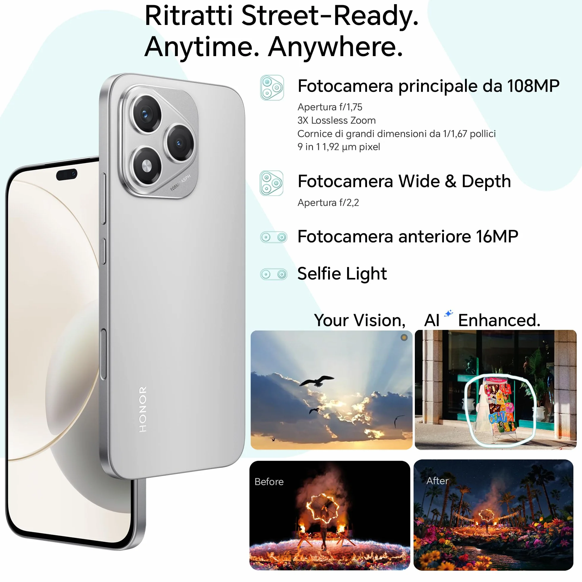 HONOR 400 Lite Smartphone 5G Dual SIM NFC, 8GB RAM 256GB Memoria, 108MP con pulsante AI telefono Android 15, 6.7 pollici AMOLED Eye-Care Display, 5230 mAh,IP64&SGS, Velvet Gray [Versione italiana]