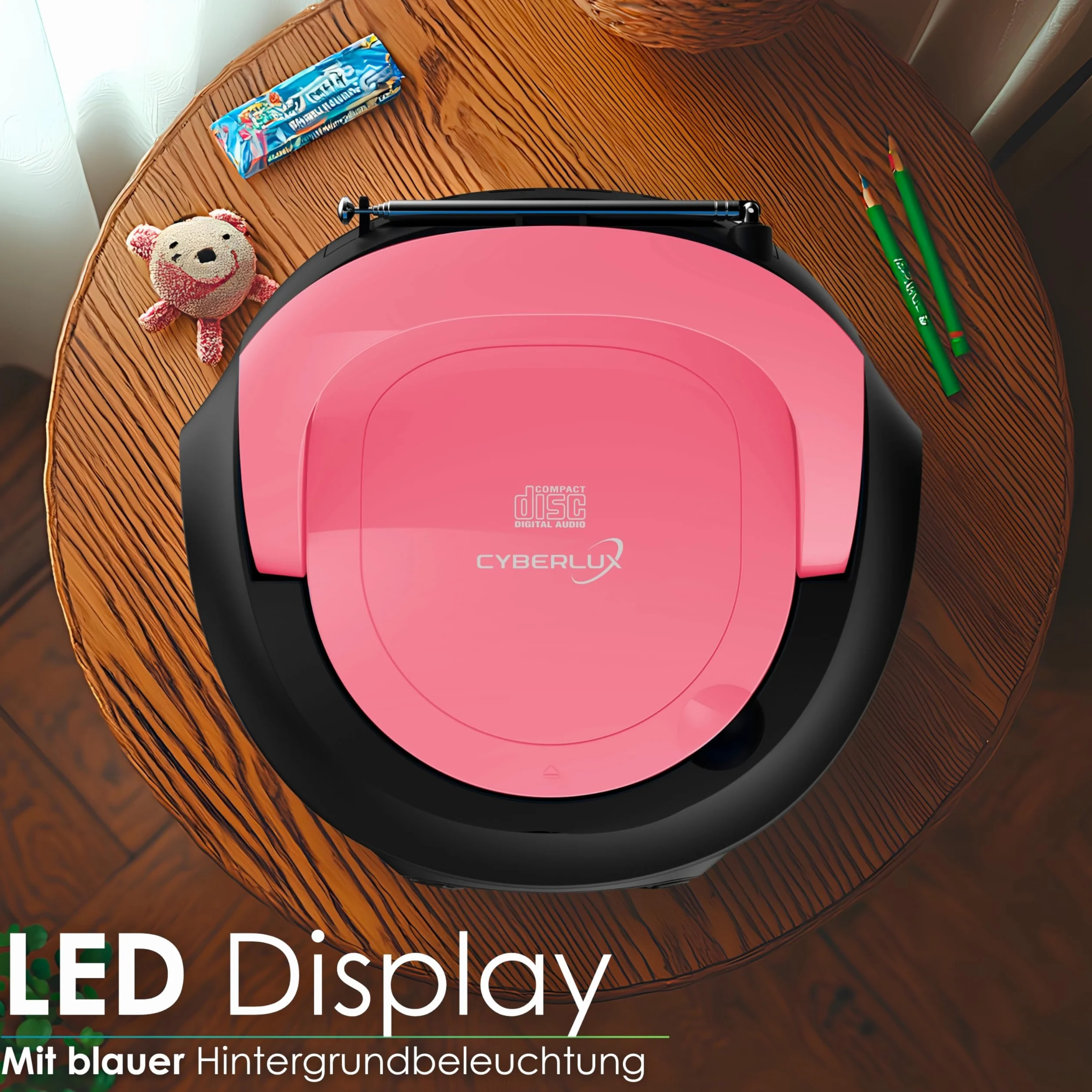Boombox Lettore Portatile Radio FM con CD, USB e Ingresso AUX-IN, Presa per Cuffie - Sistema Stereo Compatto - Rosa Brillante (Pretty Pink)