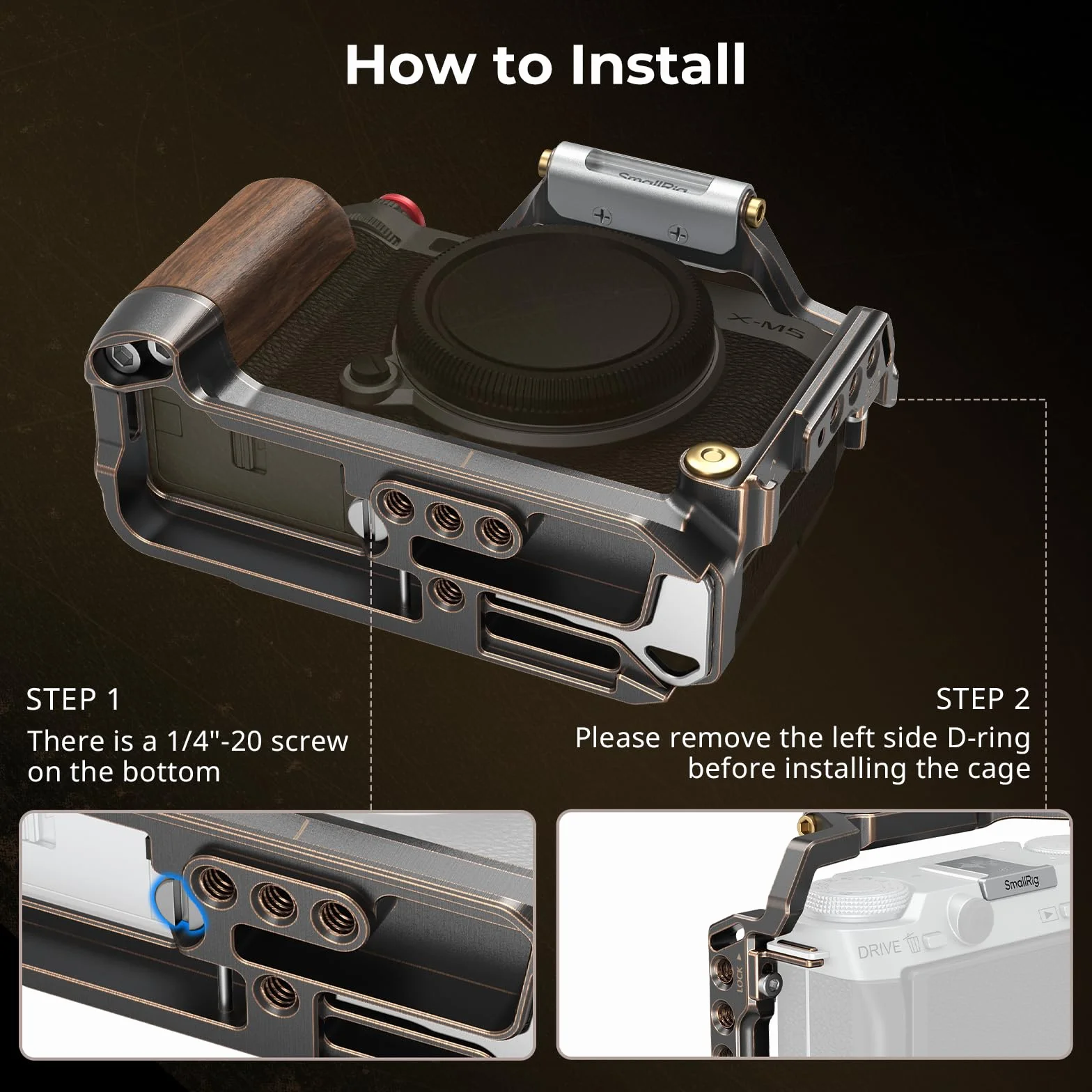 SMALLRIG X-M5 "Retro" Cage per FUJIFILM X-M5, con Impugnatura in Legno Integrata e Piastra a Sgancio Rapido per Arca, Include Parabrezza/Copertura Slitta a Contatto caldo/Pulsante di Scatto - 4892