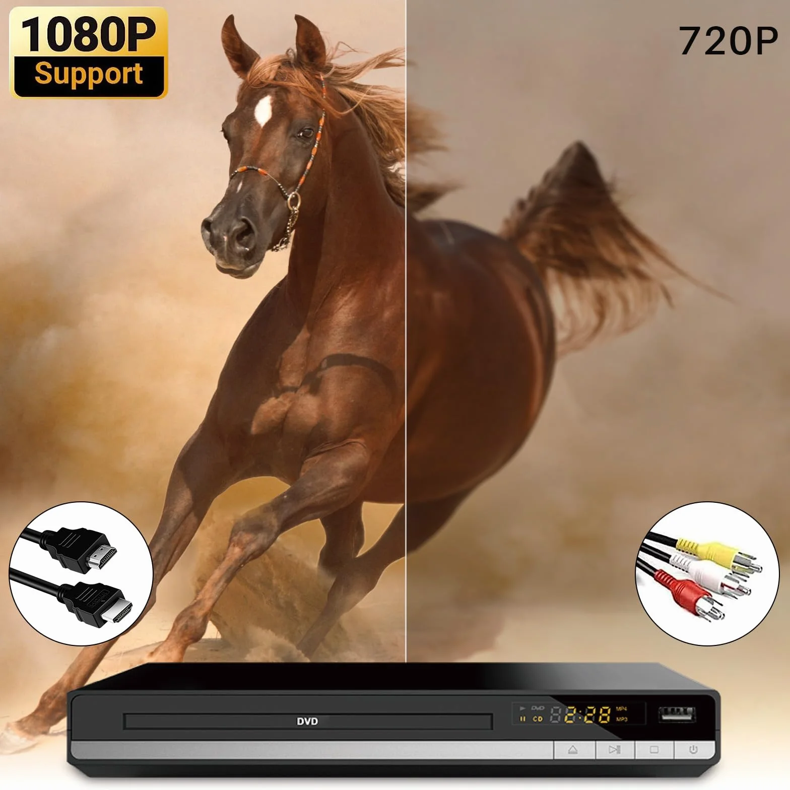 Lettore DVD HD con porta HDMI, region free per Smart TV, Cavo di uscita HDMI/RCA incluso, Memoria di pausa, PAL/NTSC integrato, Lettori CD per la casa (non Blu-ray)