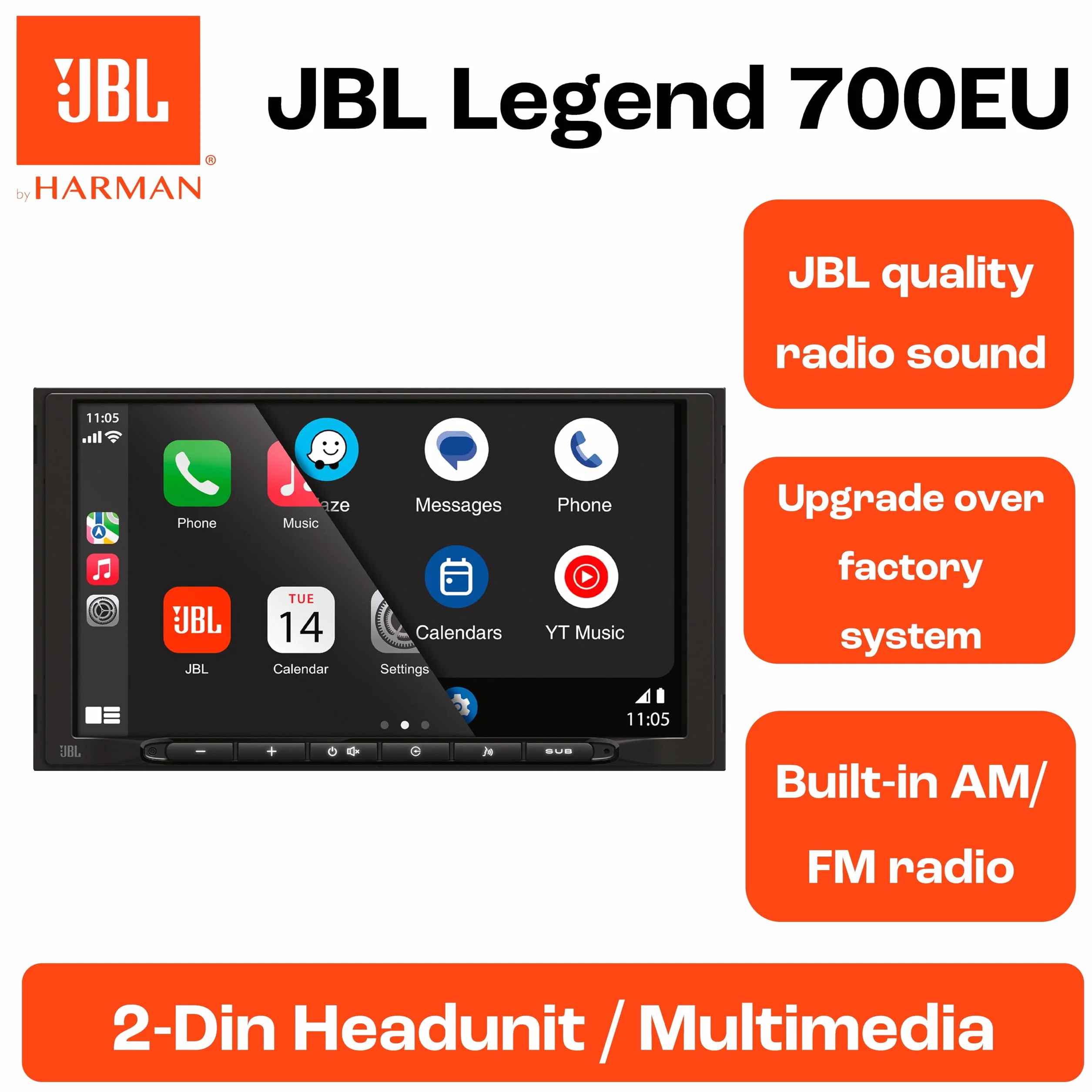 JBL Legend 700 autoradio 2-DIN multimediale, schermo touchscreen 7 pollici, Apple CarPlay & Android Auto wireless, Bluetooth, 4x50 W, preout 4V, FLAC, equalizzatore parametrico