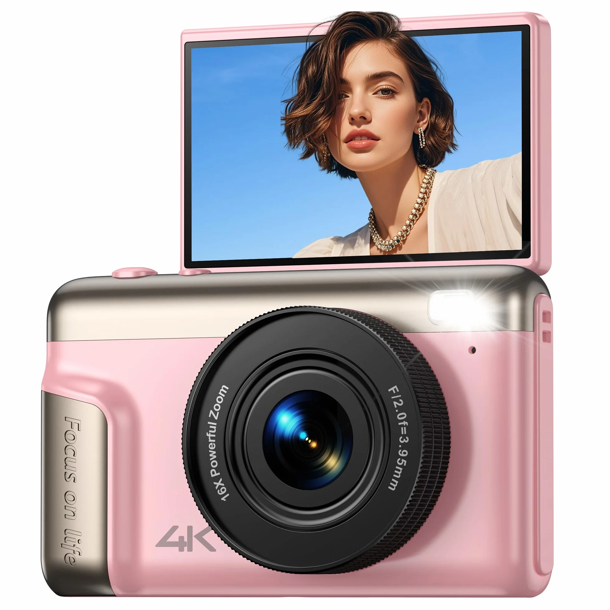 Macchina Fotografica Digitale 4K 64MP: Ultra HD Fotocamera Digitale Compatta per Vlog con Flip 180° da 3" Videocamera con Zoom Digitale 16X per Bambini Adulti Studenti Rosa(Senza Scheda SD)