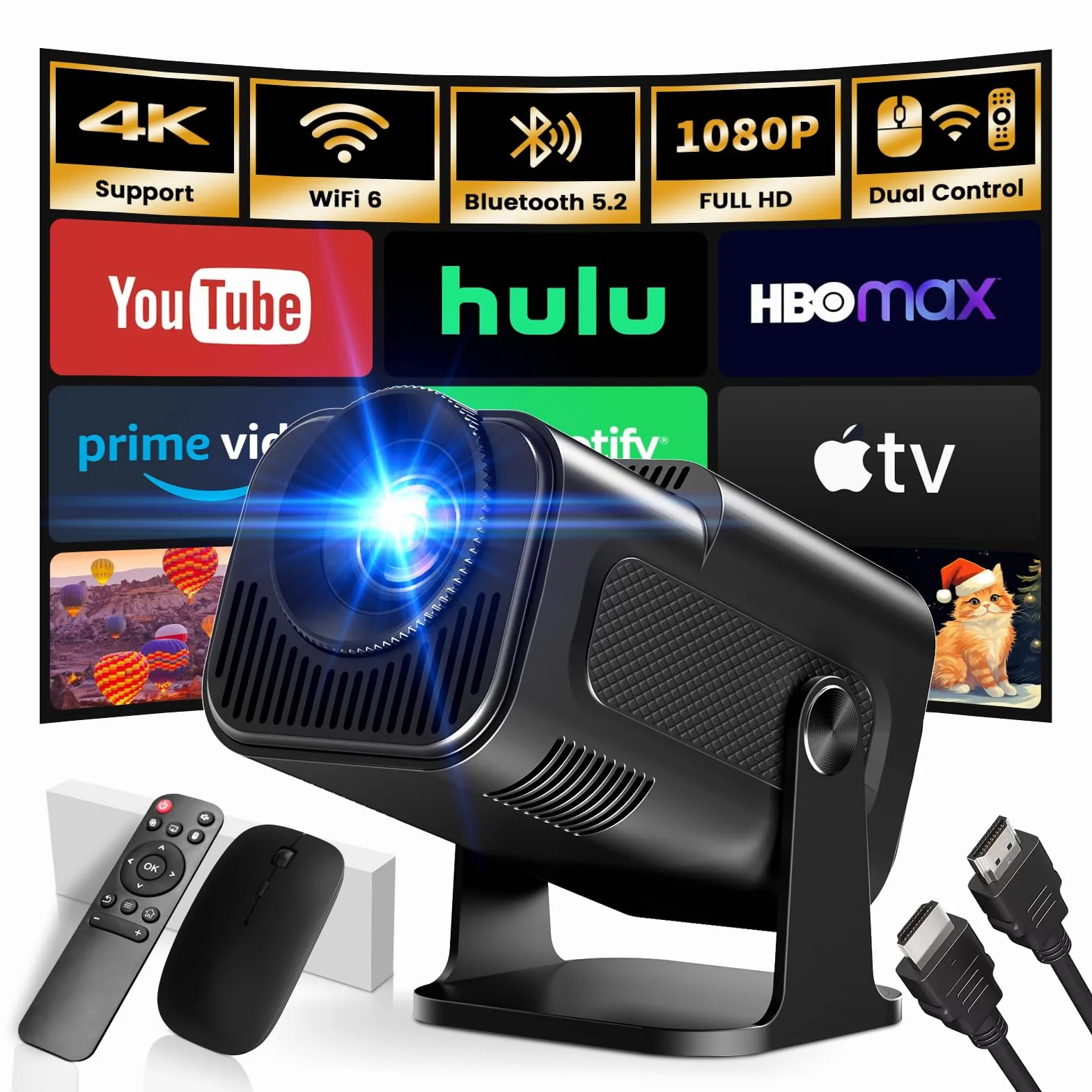 Mini Proiettore 4K 1080P WiFi 6 Bluetooth 5.4 Auto Keystone 180° Portatile HDMI Nero