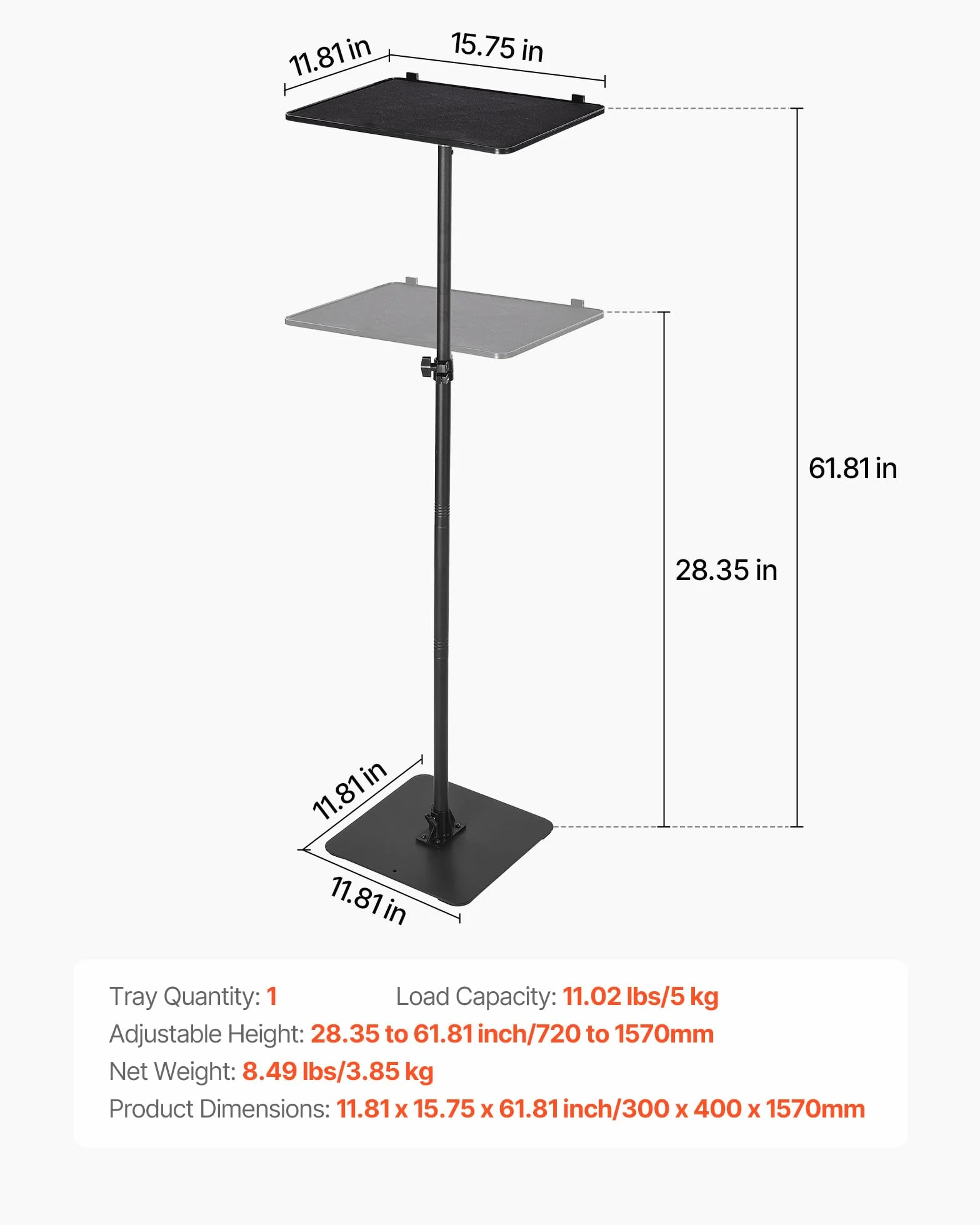 VEVOR Supporto per Proiettore Mobile da Terra da 30 x 40 x 157 cm, Altezza Regolabile da 72 a 157 cm, Supporto da Pavimento Girevole a 360° per Proiettori, Multifunzionale per Film all'Aperto