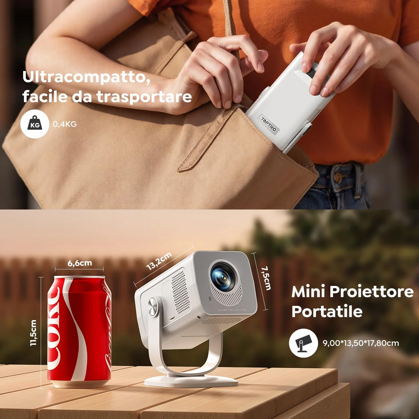 Proiettore WIFI6 Bluetooth 5.4 1080P 4K Mini Videoproiettore Auto Keystone Rotazione 270° Esterni HDMI USB TV Stick